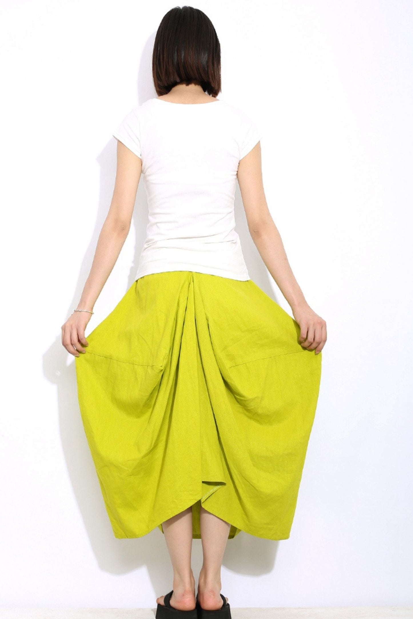 yellow midi linen asymmetrical skirt C338
