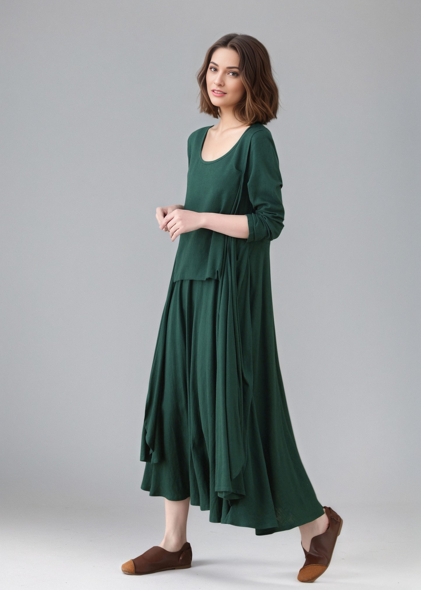 Green Asymmetrical Linen dress C5158