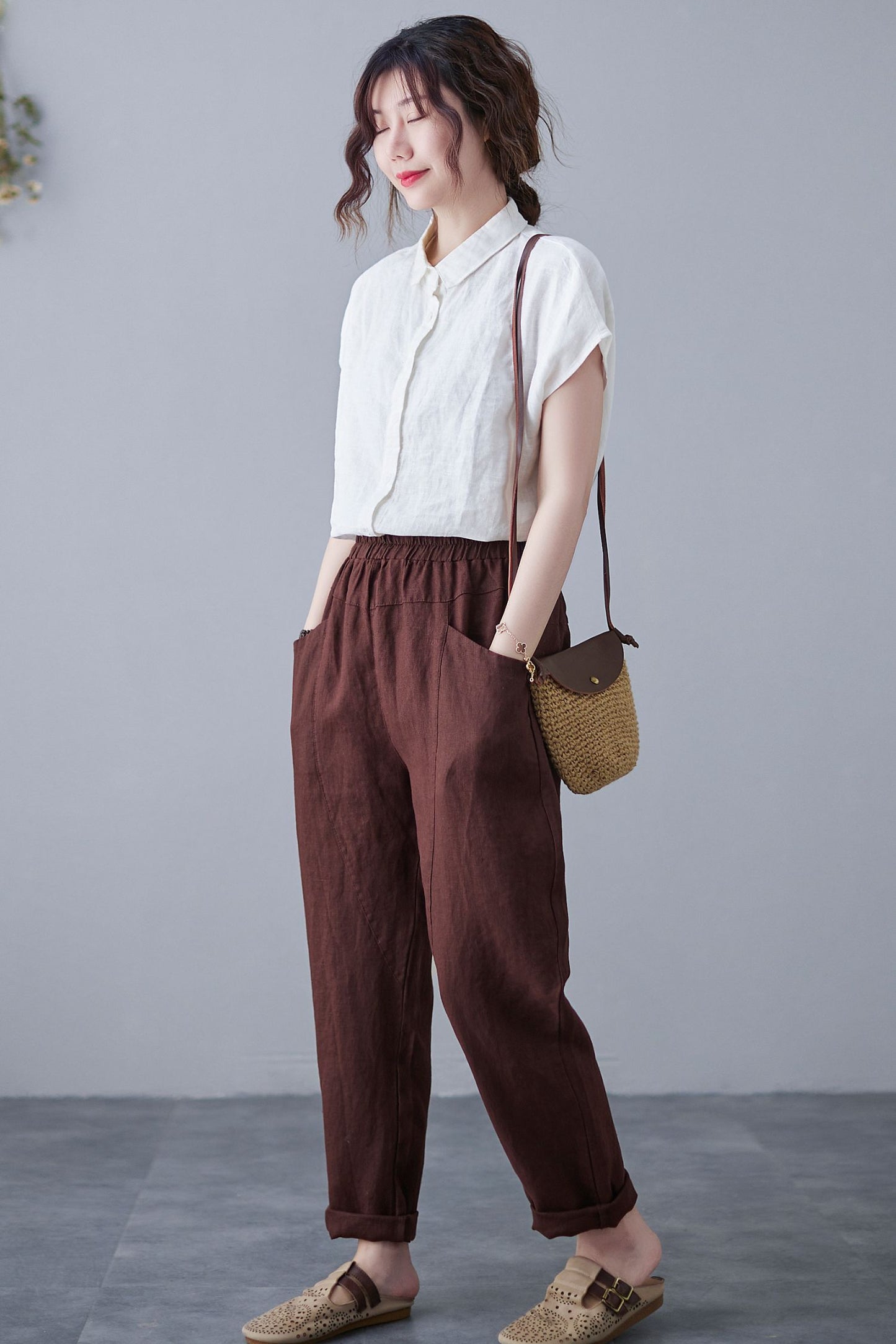 Brown Casual Cropped Linen Pants C2124