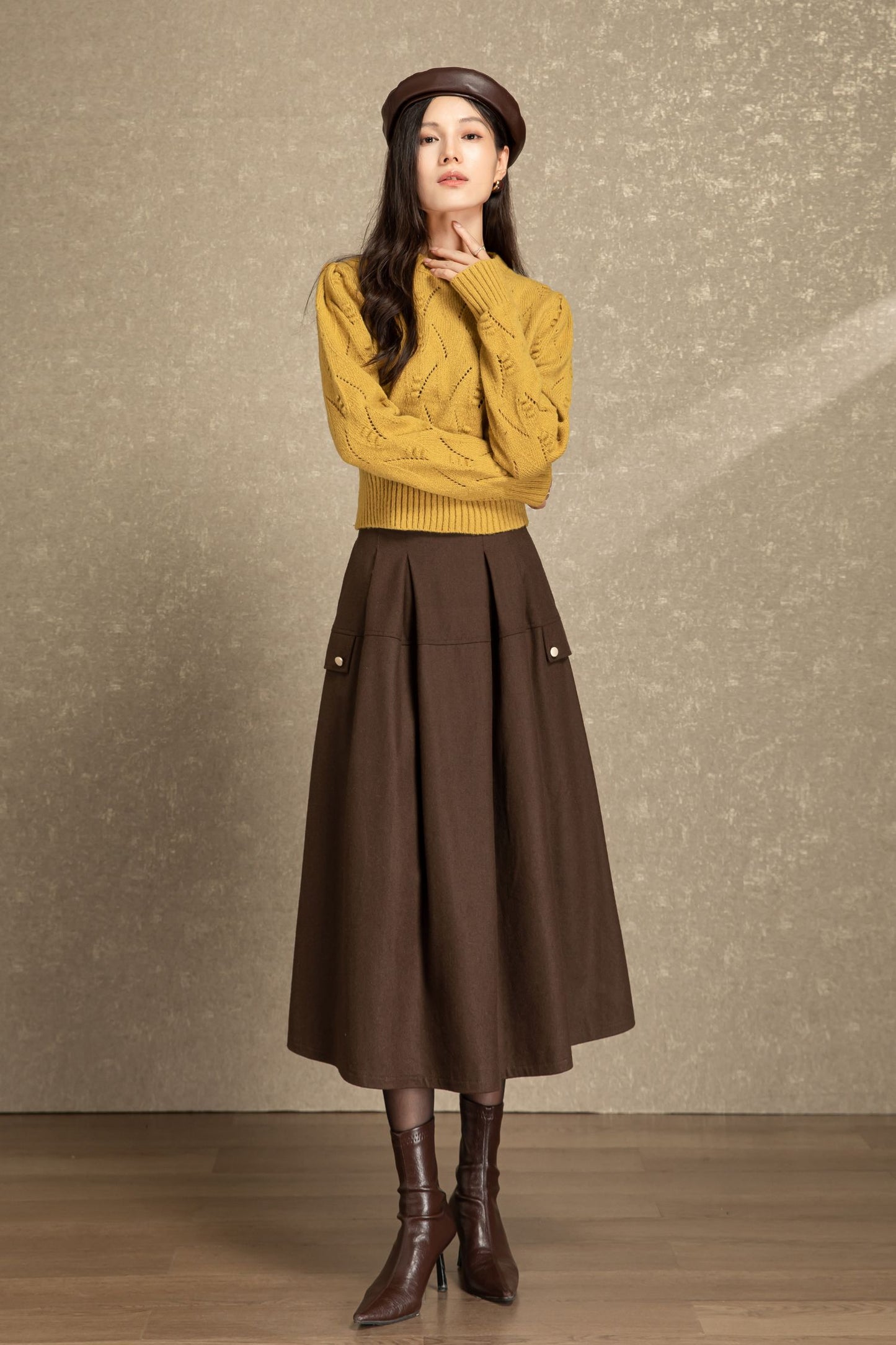 Brown midi winter wool skirt with pockets C4485