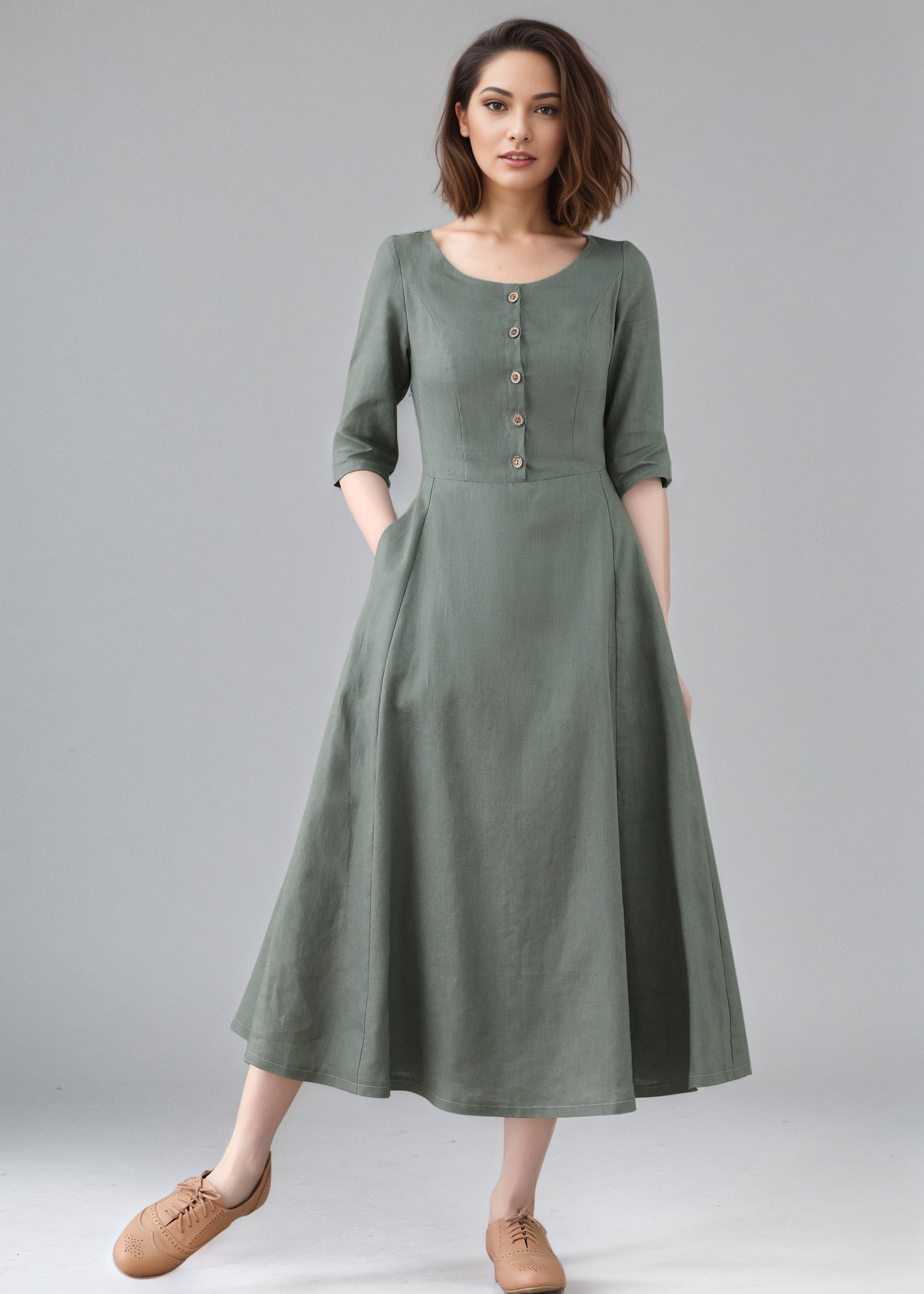 Fit and Flare Long Button Front Dress with Half Sleeves C5159