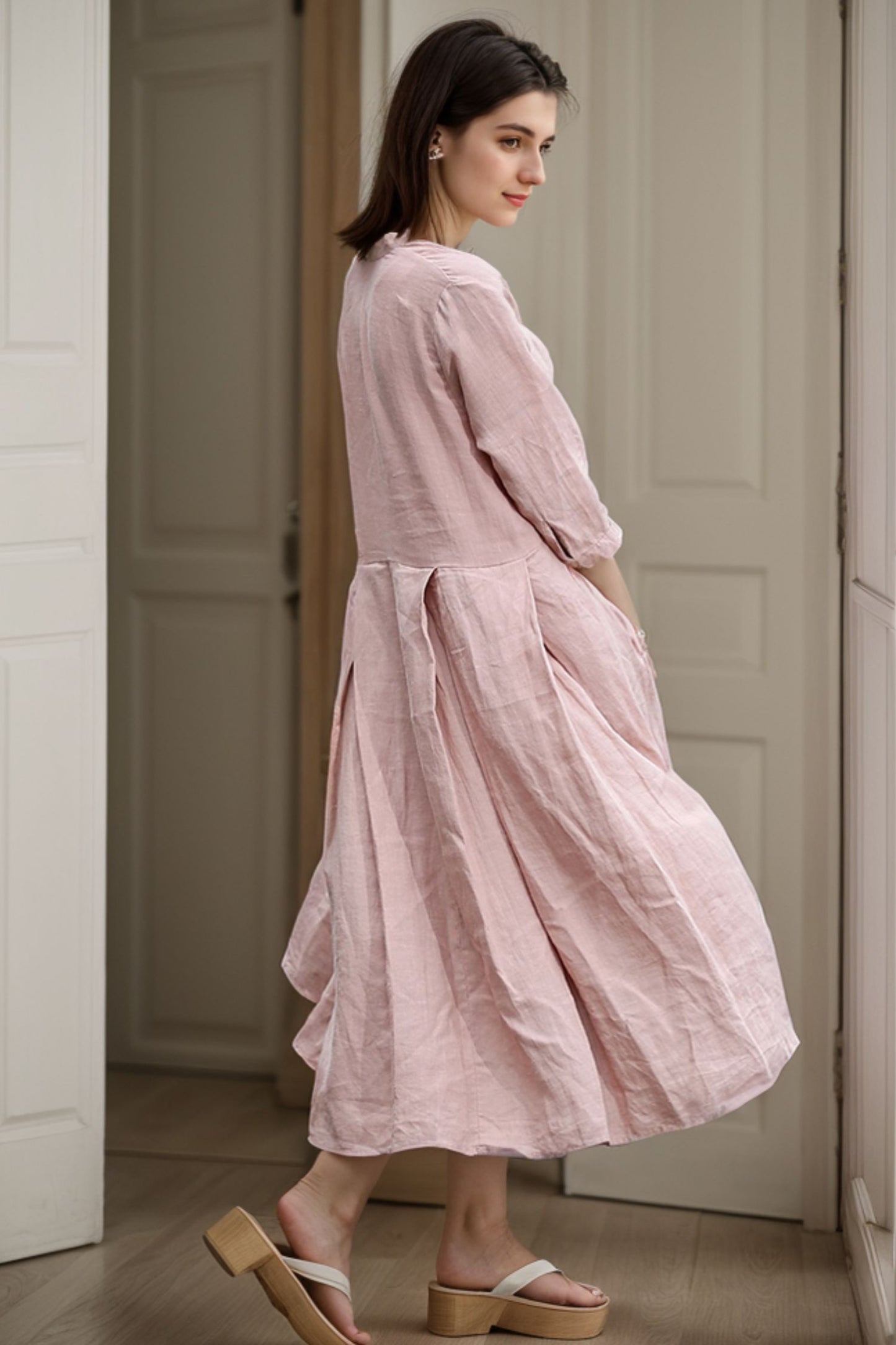 Casual Linen Loose-Fitting Pleated Shirt Dress C276