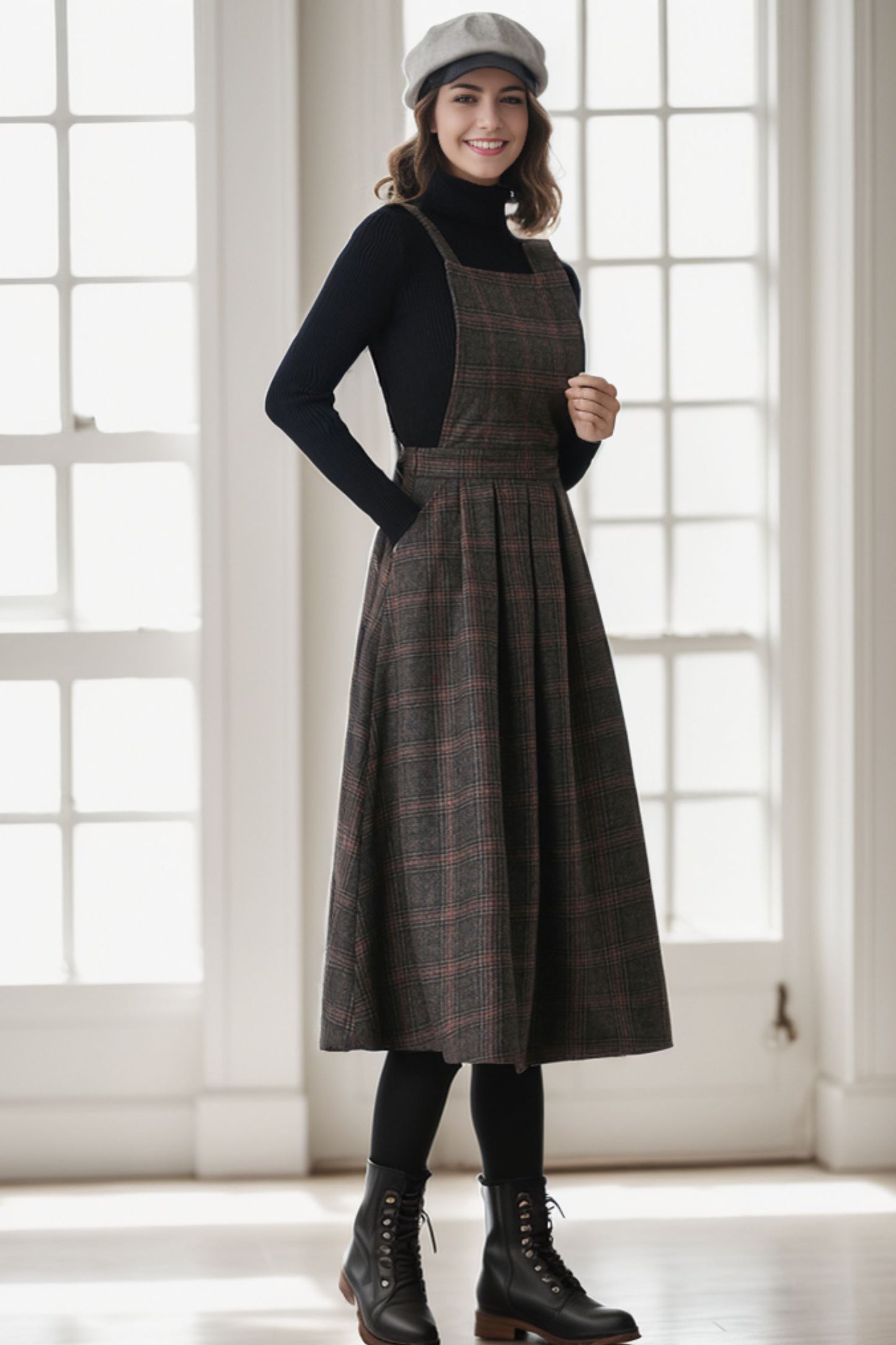 Plaid Wool Pinafore Pleated Winter dress C4271
