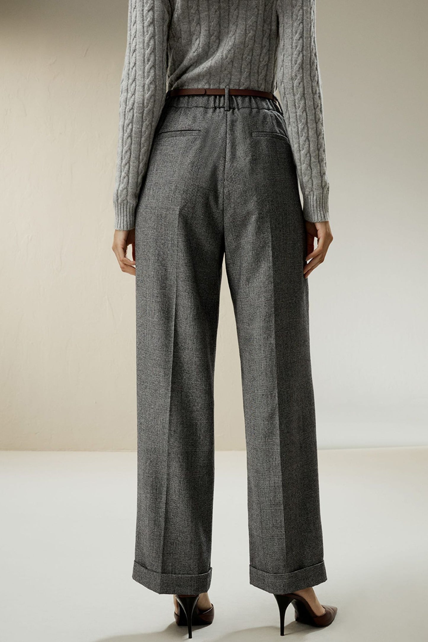 Plaid wide leg winter wool pants women TT0139