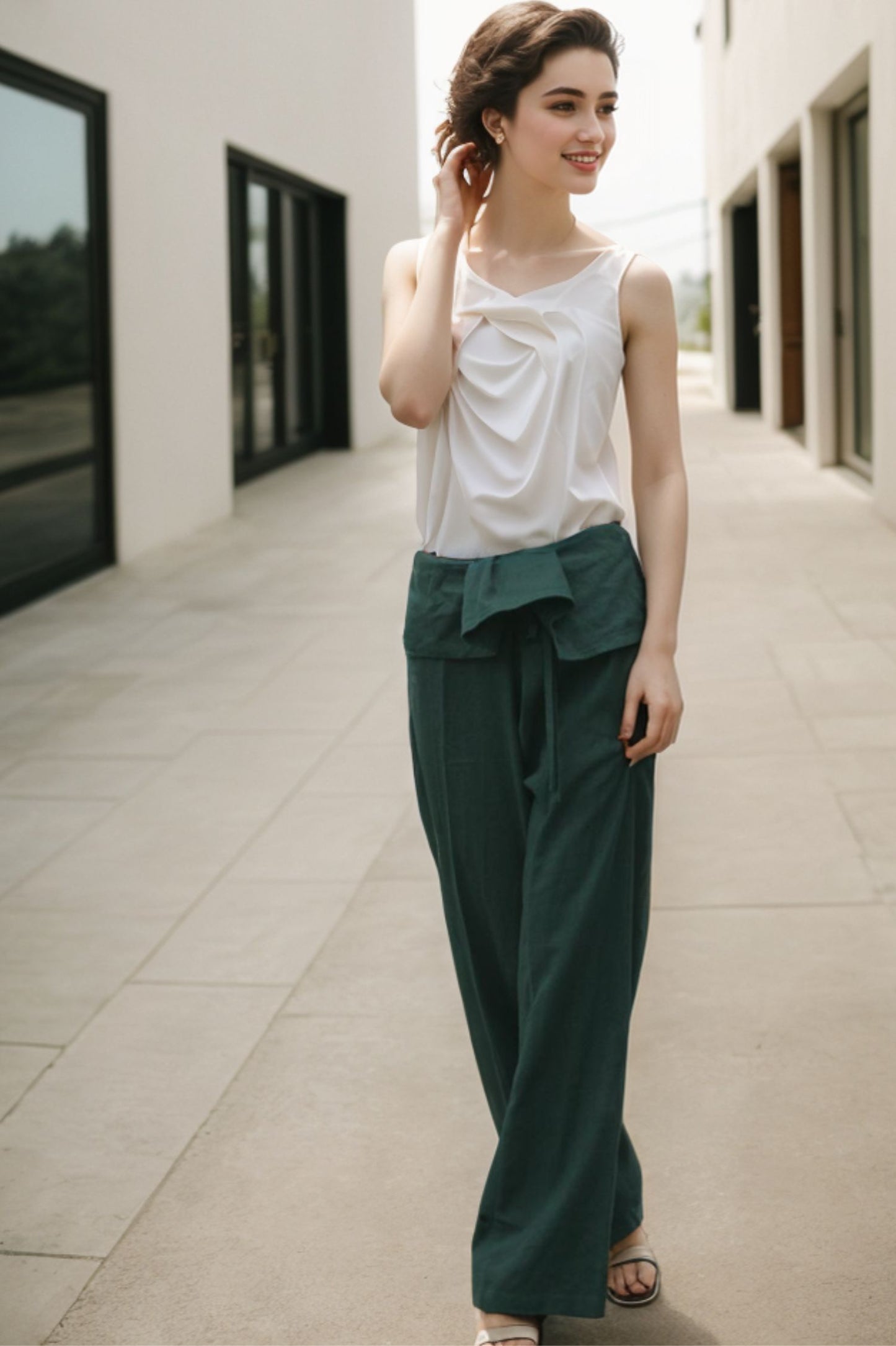 Irregular Waist Green Wide Leg Straight Leg Pants C156