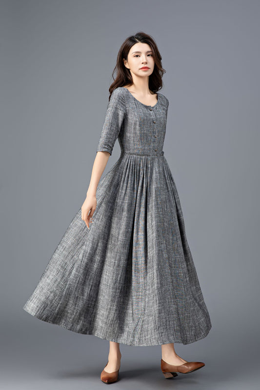 Gray Linen Maxi Dress - Fit & Flare Silhouette with Half Sleeves C3916