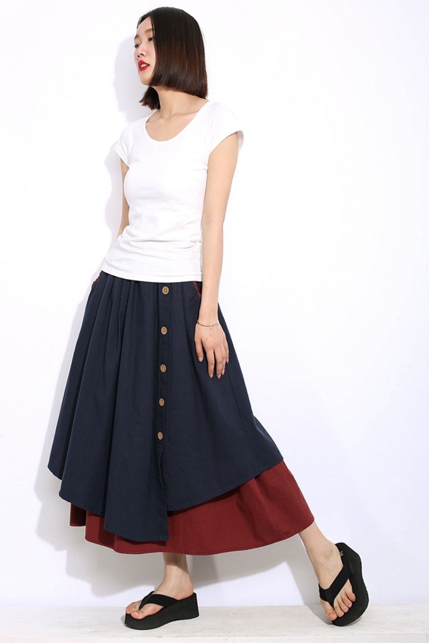 Blue linen midi asymmetrical skirt C335