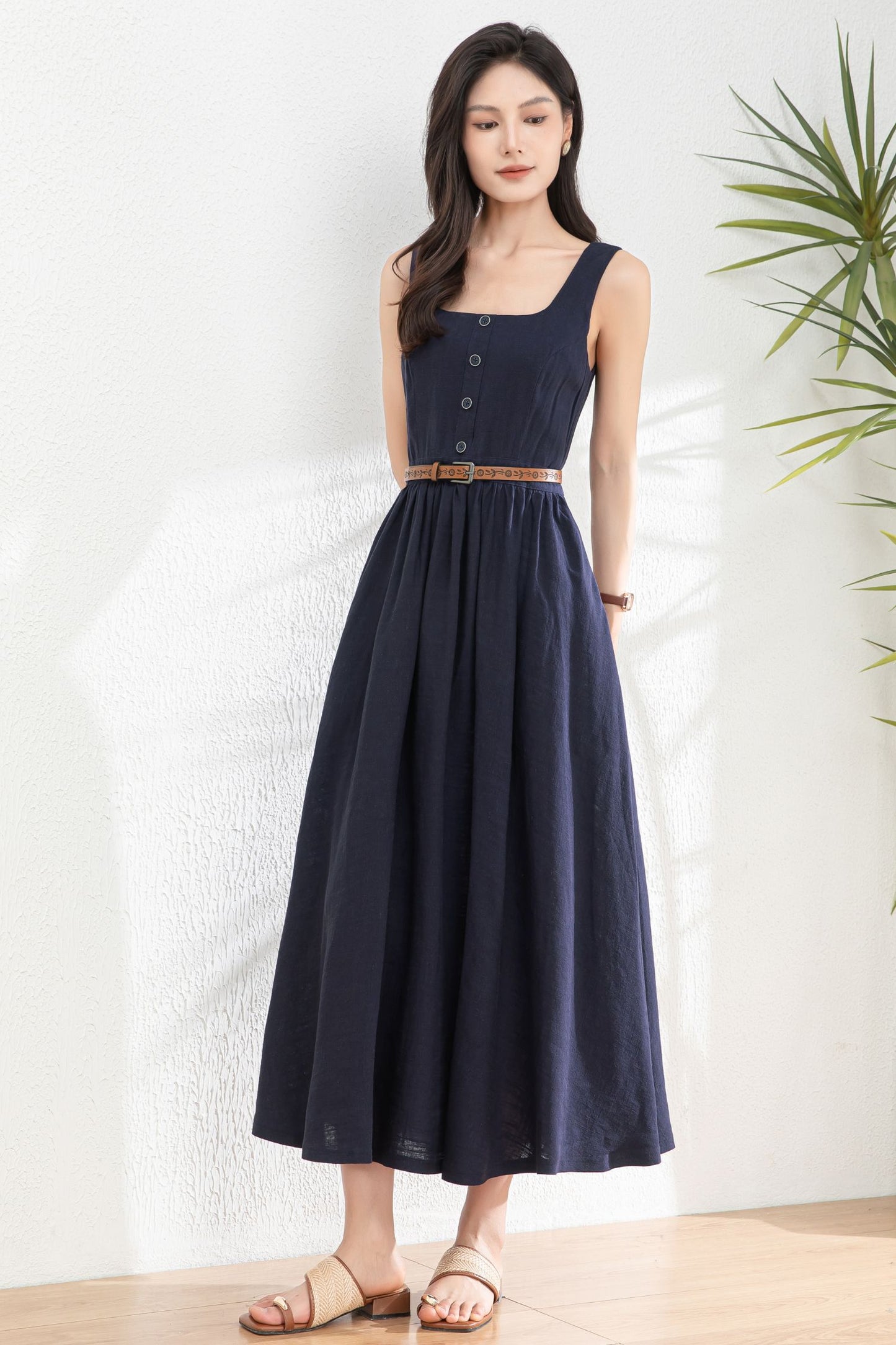 Square Neck Button Maxi Dress for Women c4984