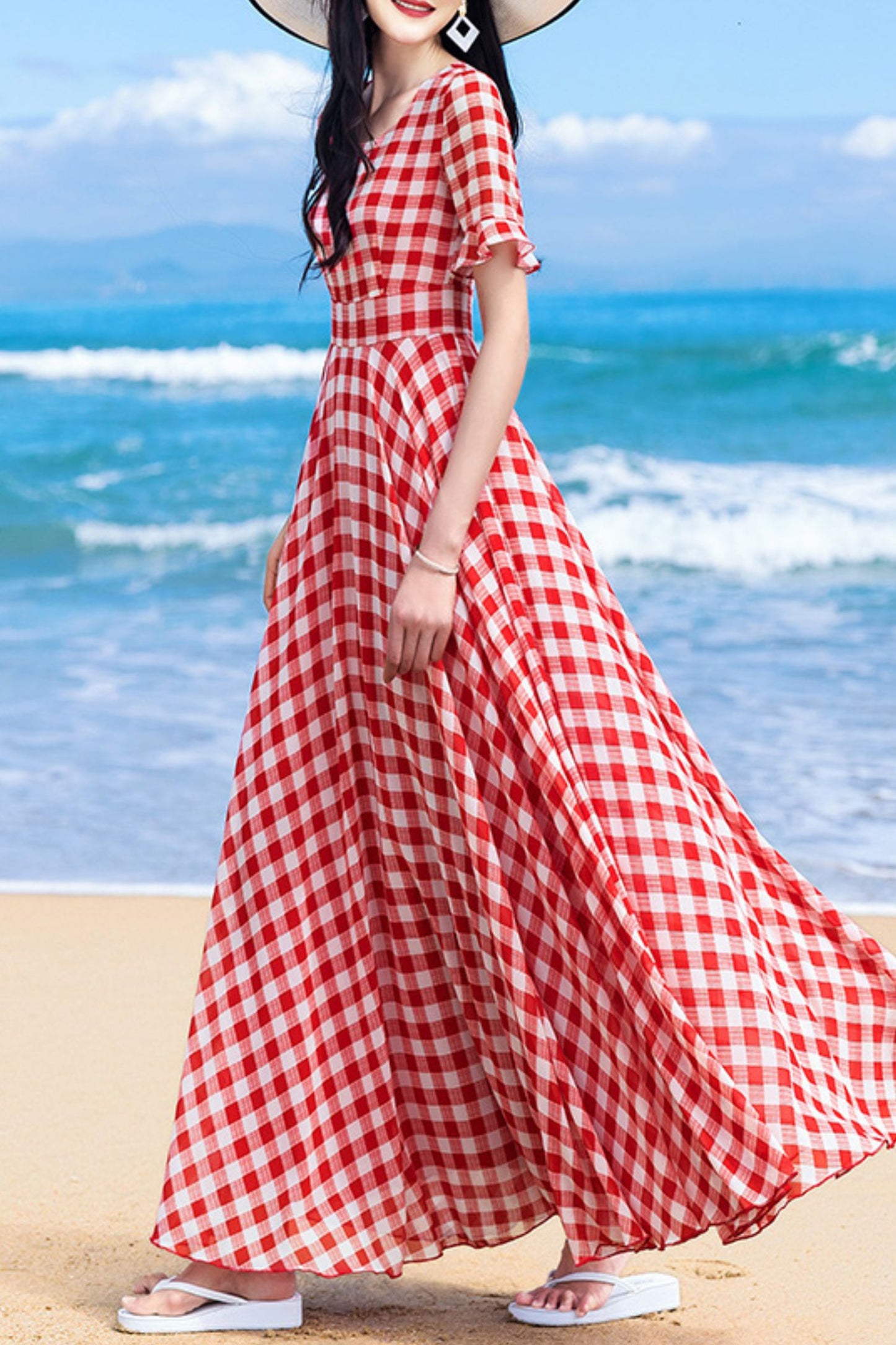 Chiffon Women Red Plaid Short Sleeve dress C4050