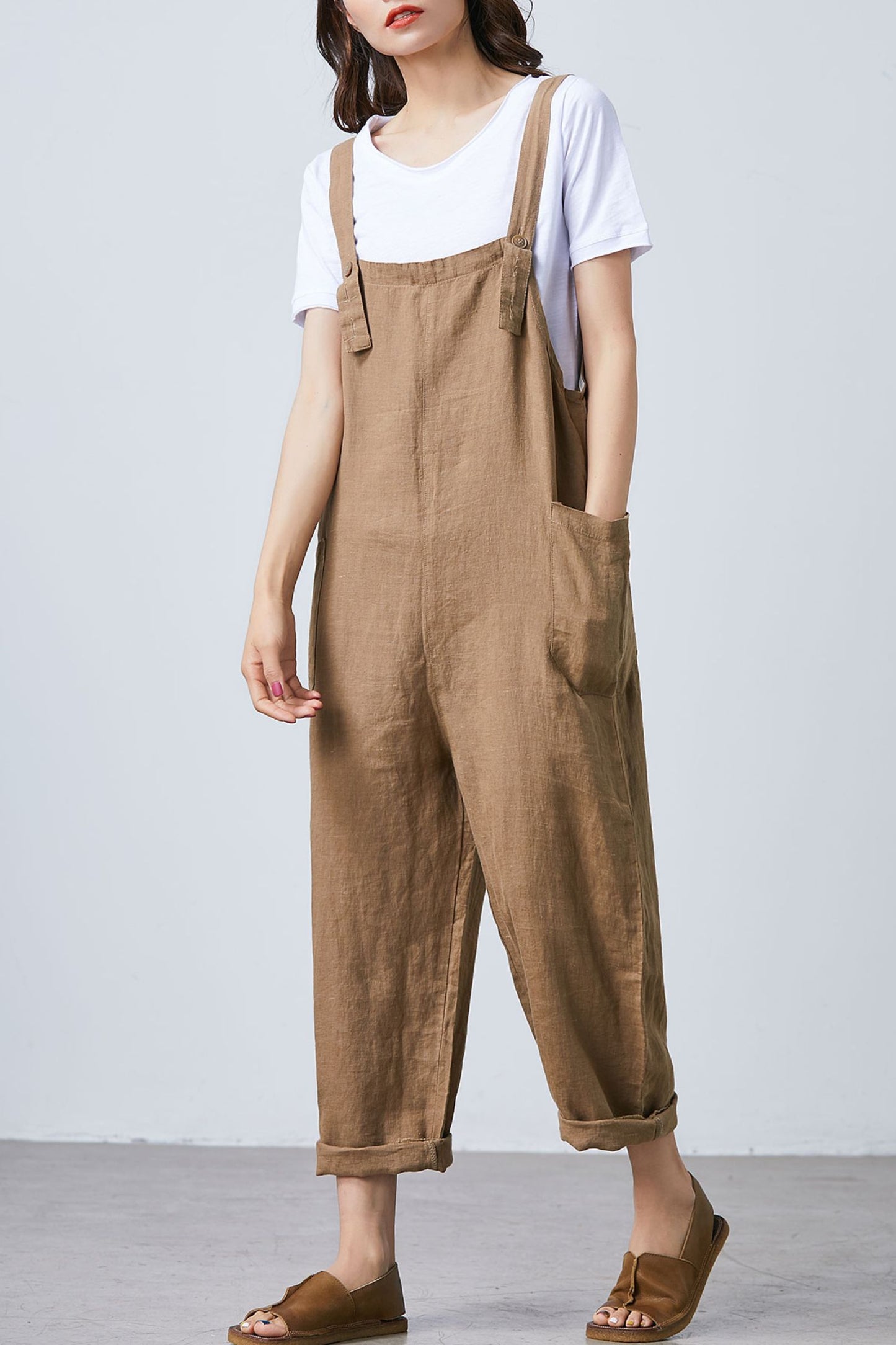 Summer brown casual adjustable linen overalls C1681
