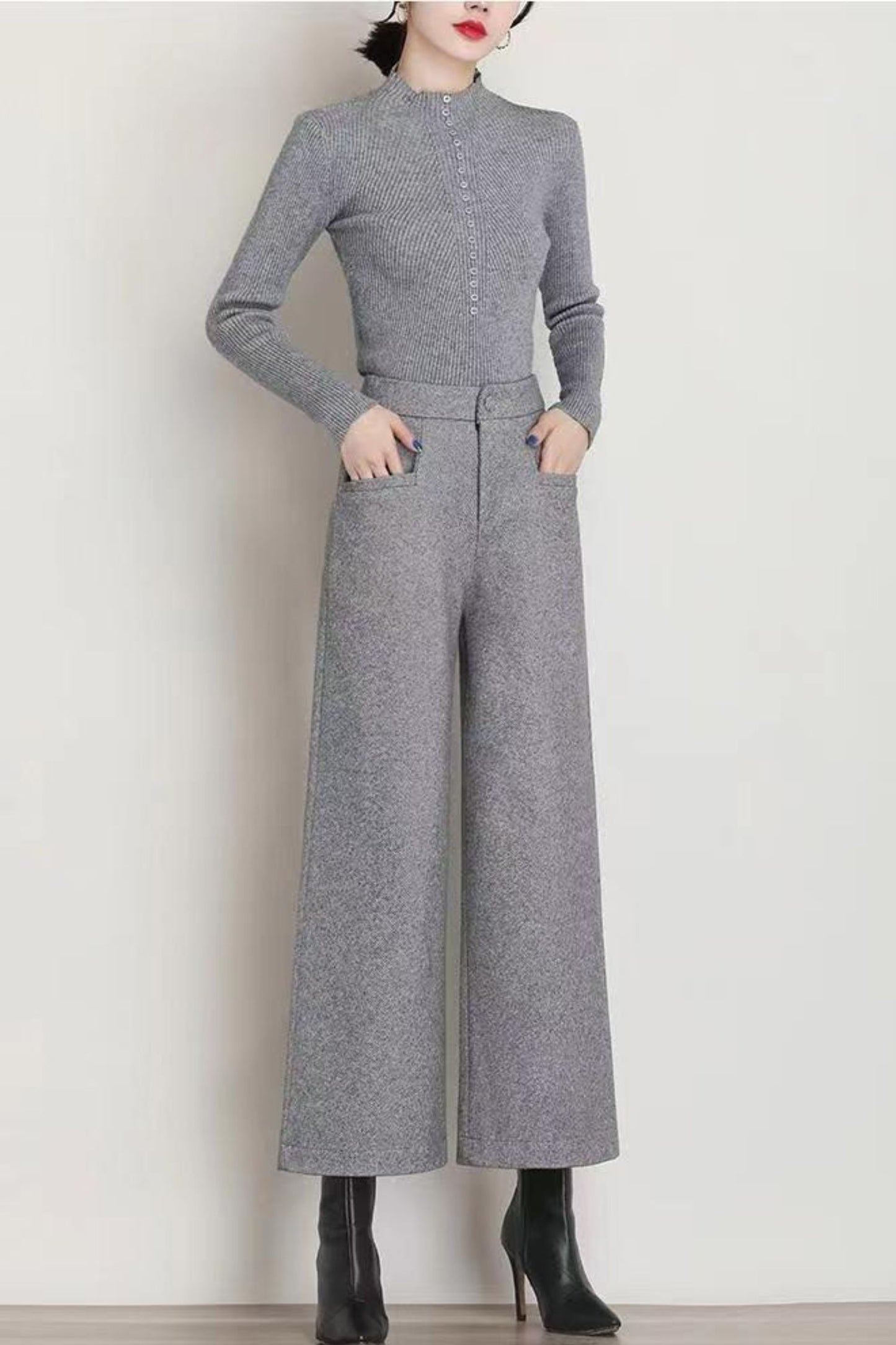 Wide leg womens wool pants with pockets c5078