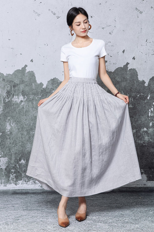 Gray Linen Maxi Skirt: Elastic Waist A-Line Long Pleated Skirt, Ylistyle C5466
