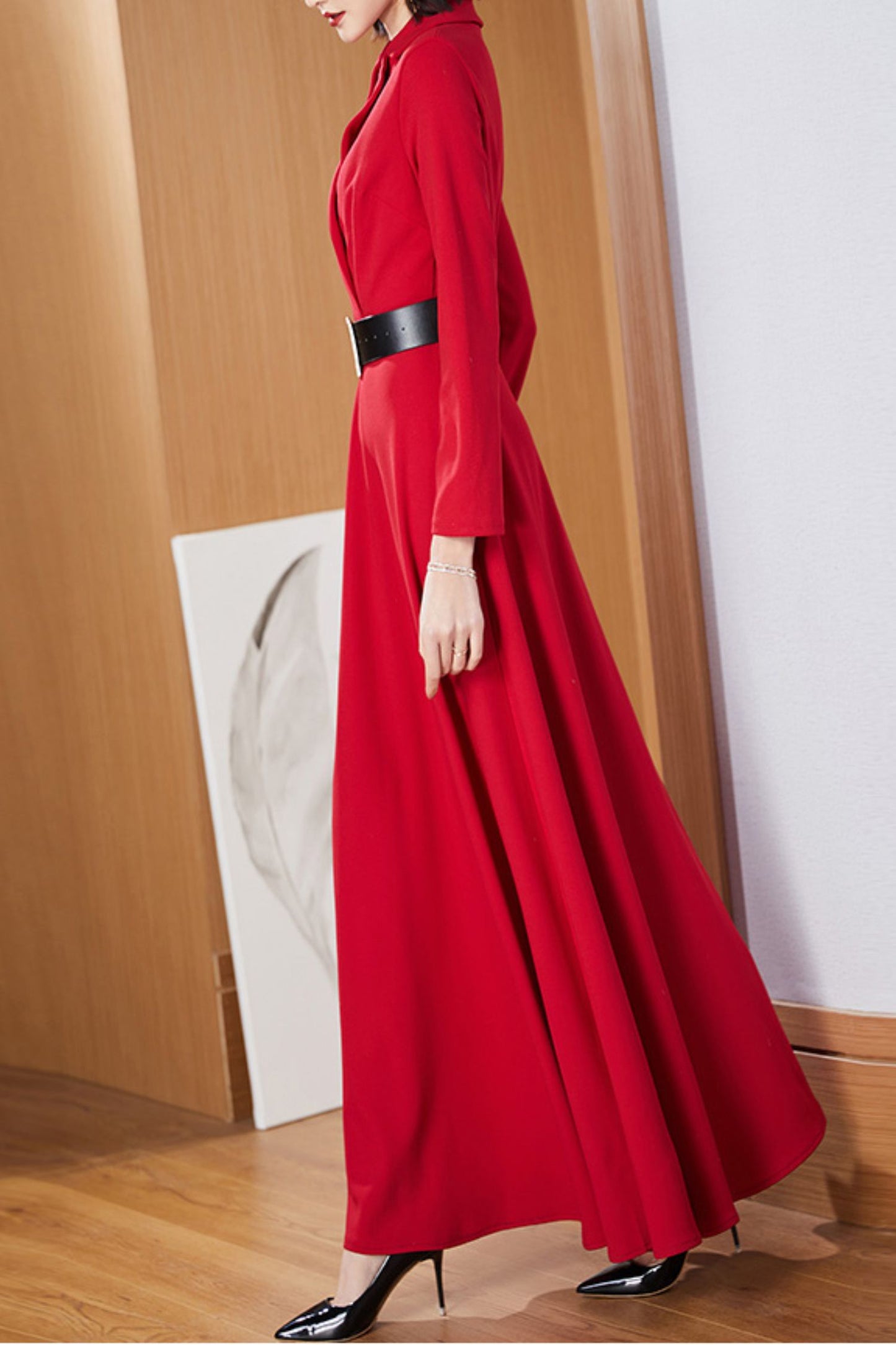 Red long-sleeved suit collar long dress C4177