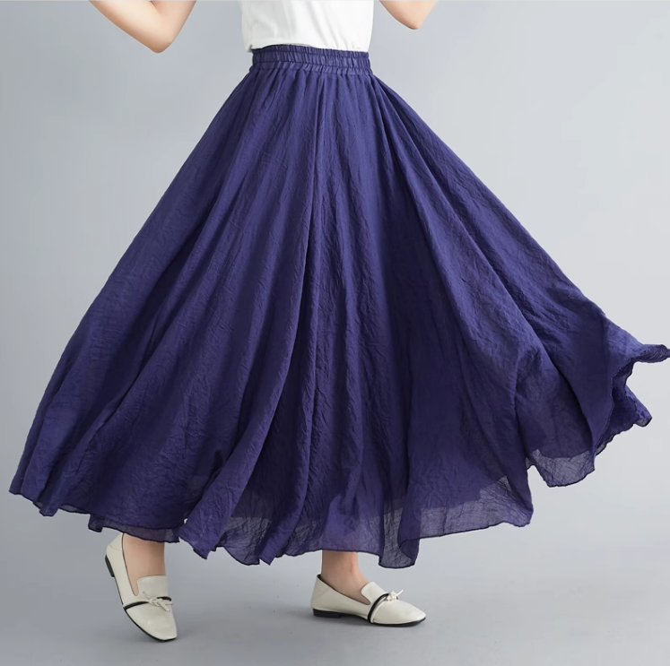 Swing long summer linen skirt women C5023-2 (navy blue)