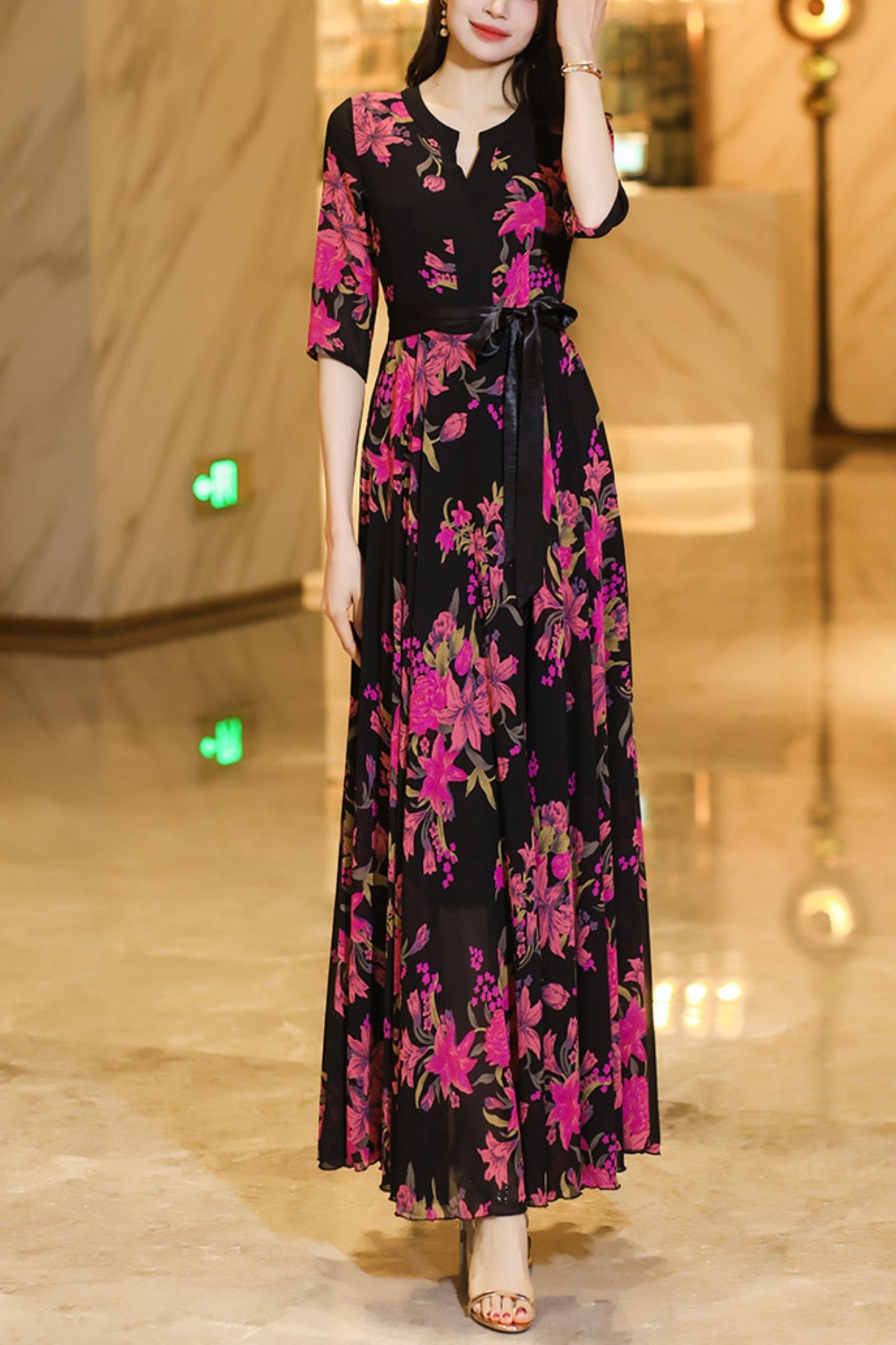 Summer black chiffon floral dress C4106
