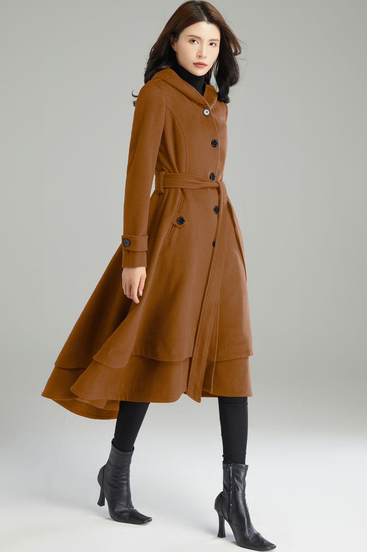 Dark Brown Hooded Wool Coat C4523