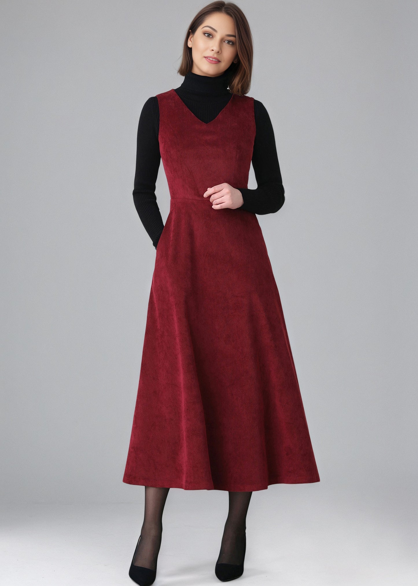 Red Long Corduroy dress, Womens Sleeveless Corduroy dress C5153