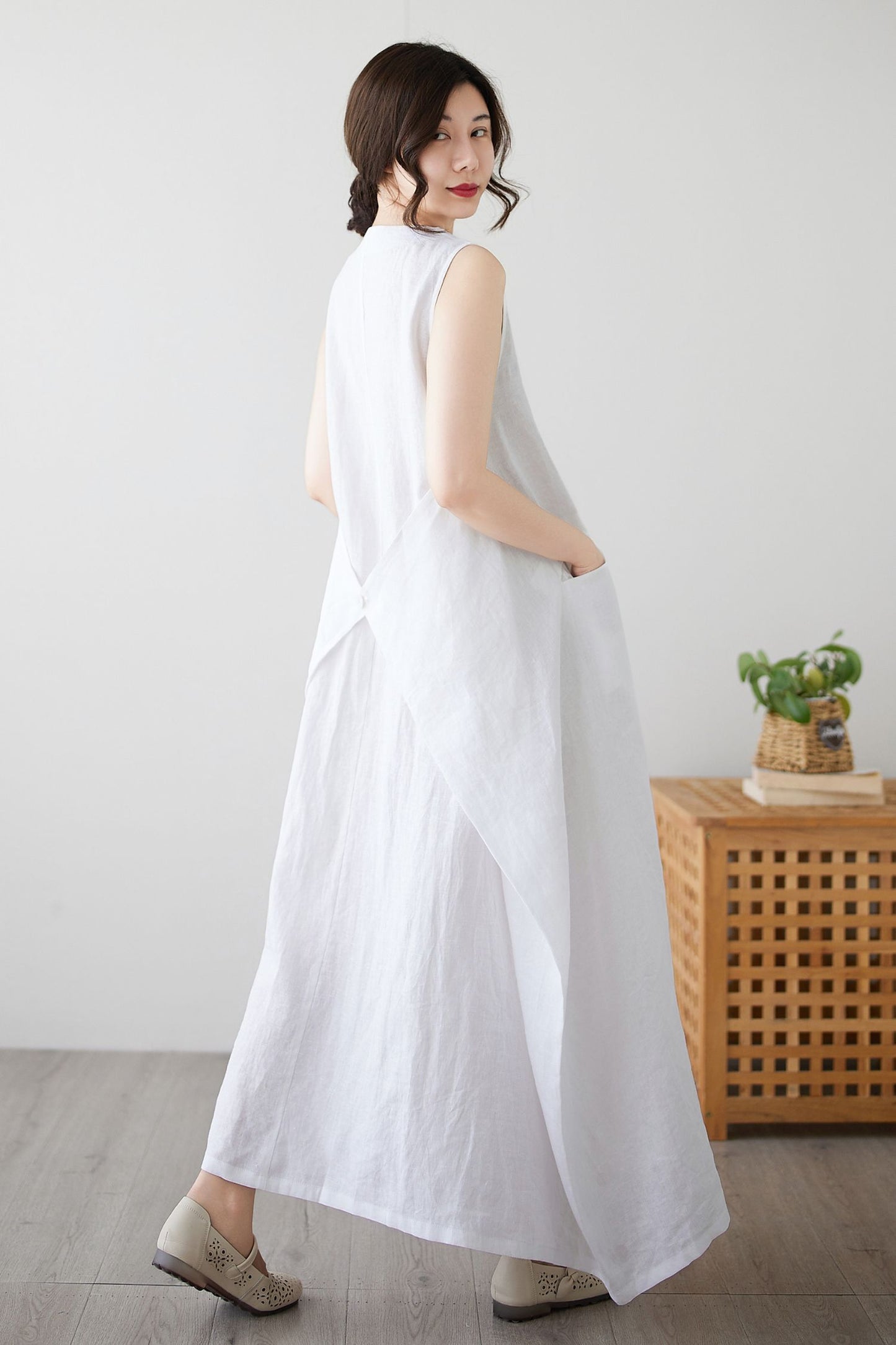 Women's Summer White Long Linen dress c4897