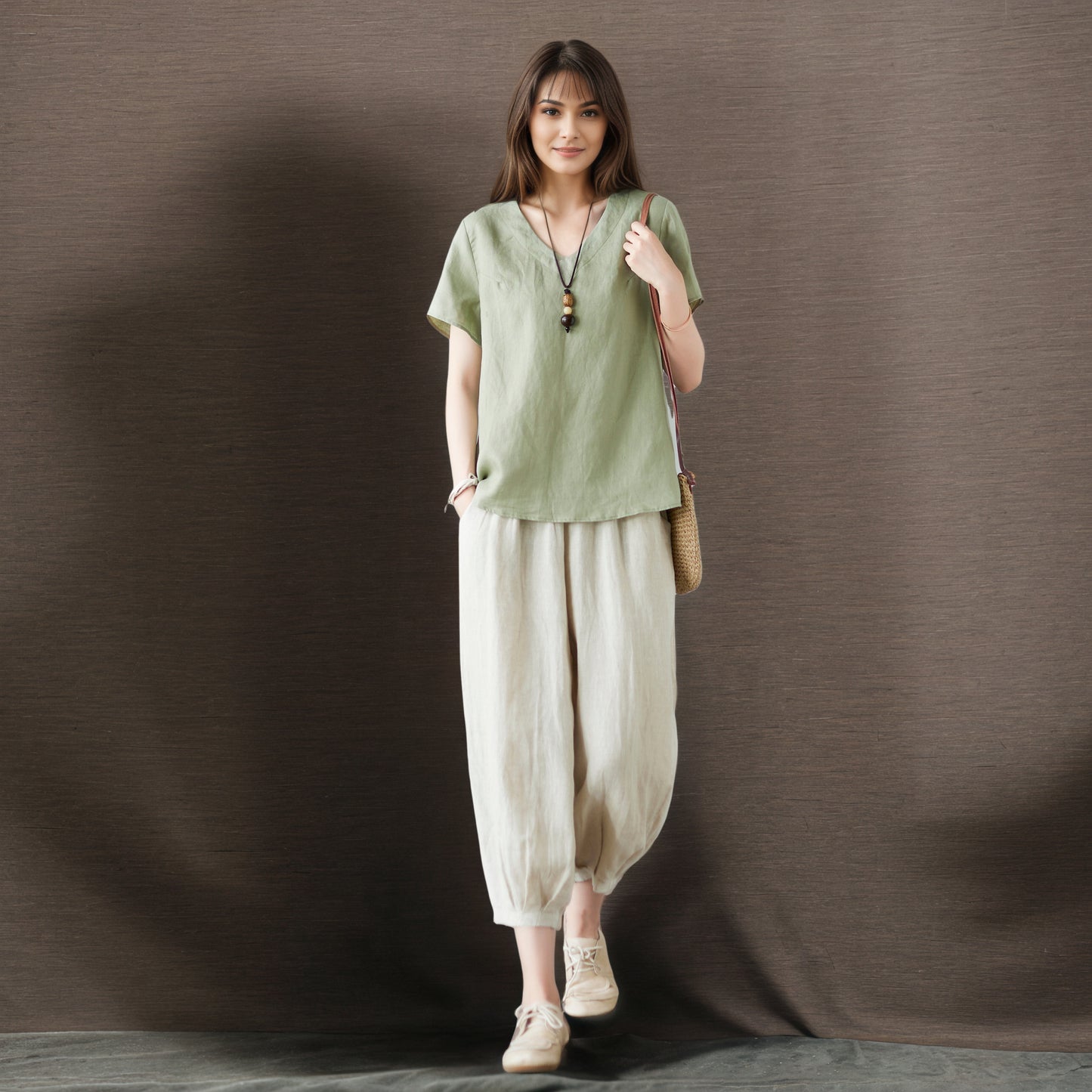 Green linen casual loose blouse C4856
