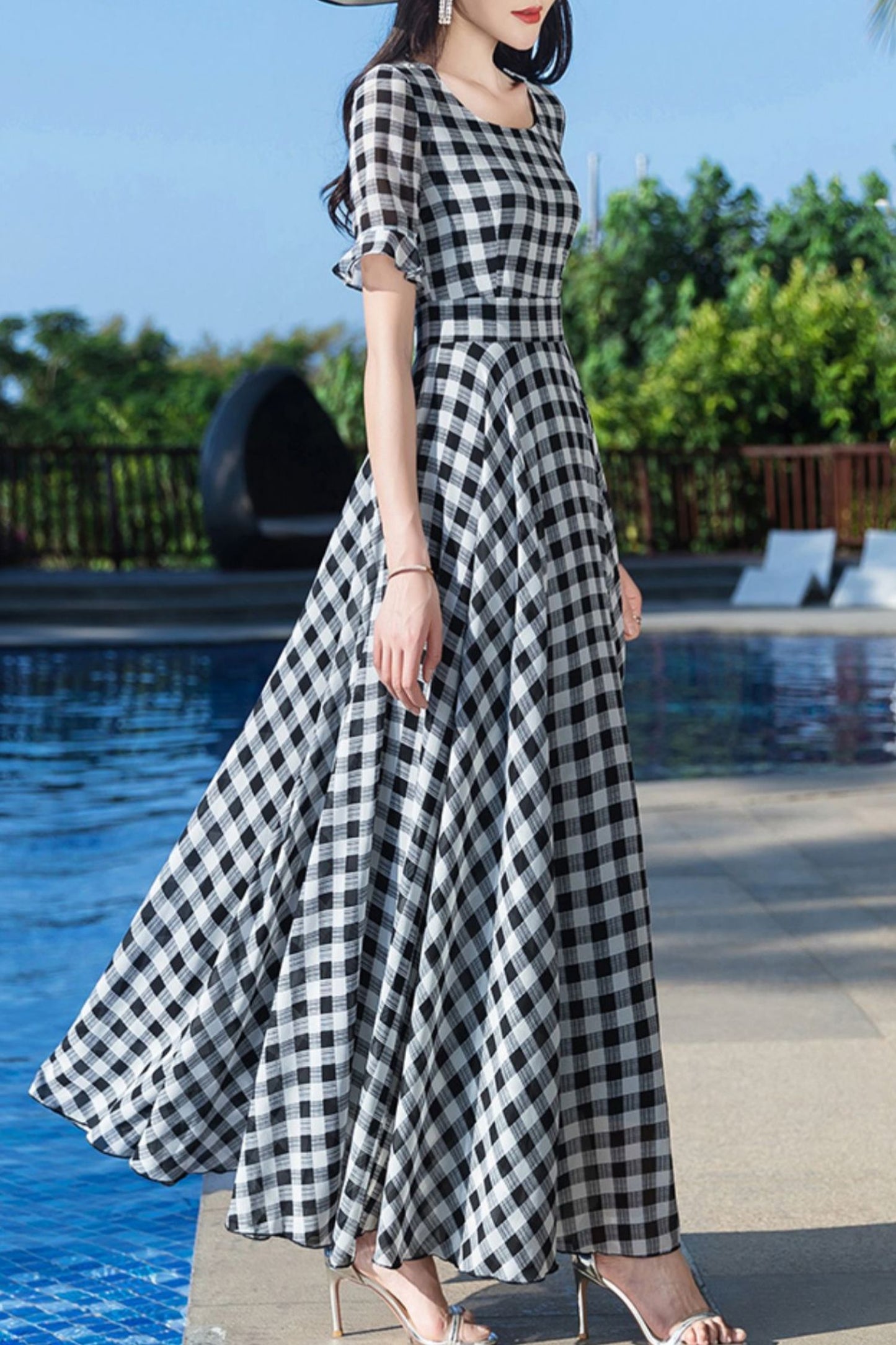 Summer New Plaid Printed Chiffon Dress C4049