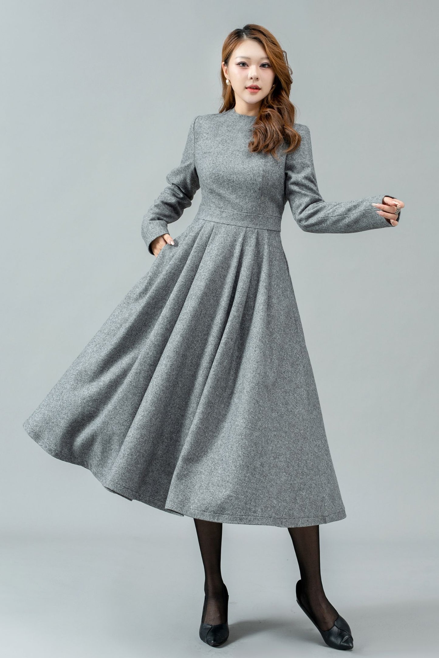 Women Swing Long Winter Wool Dress C4442