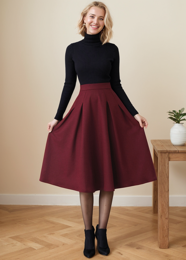 A Line Pleated Midi Wool Skirt Women C4362