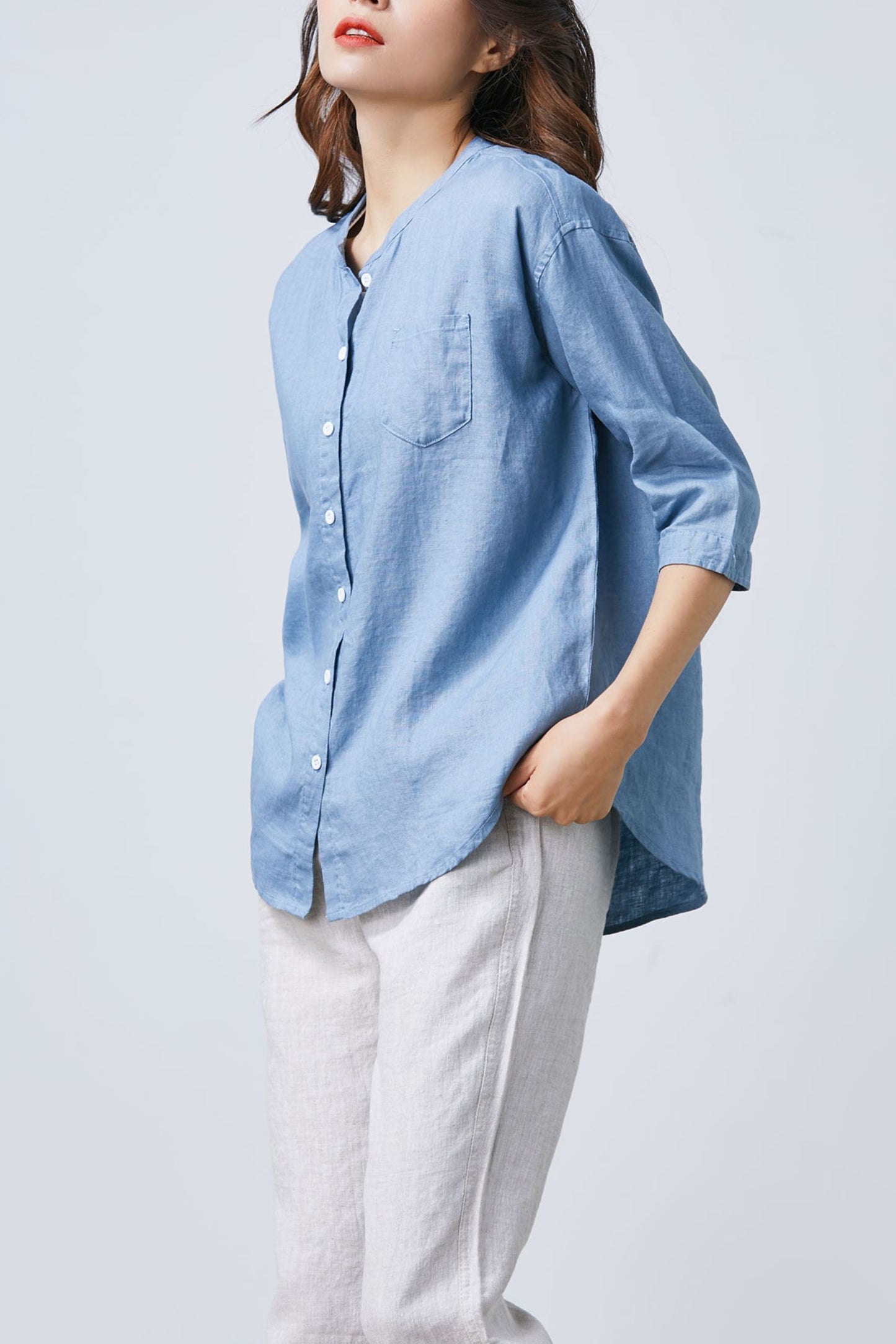 Blue Linen Button Up Shirt C1671