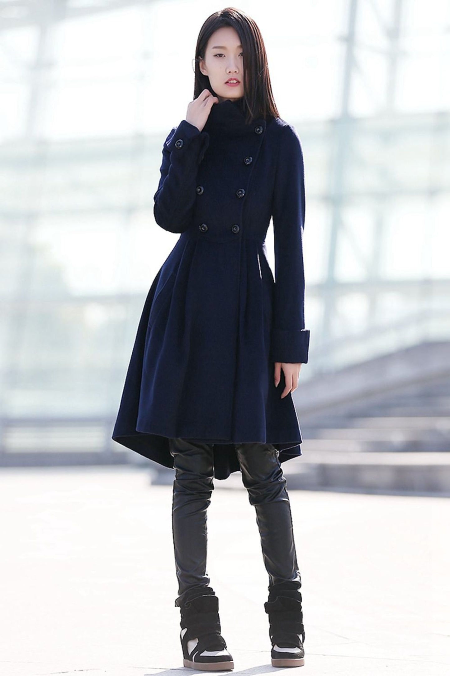 Navy blue winter midi warm winter coat C164
