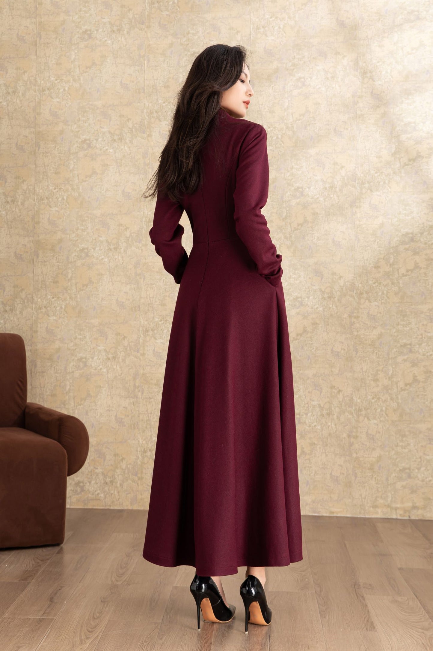 Burgundy winter long wool dress women C4463