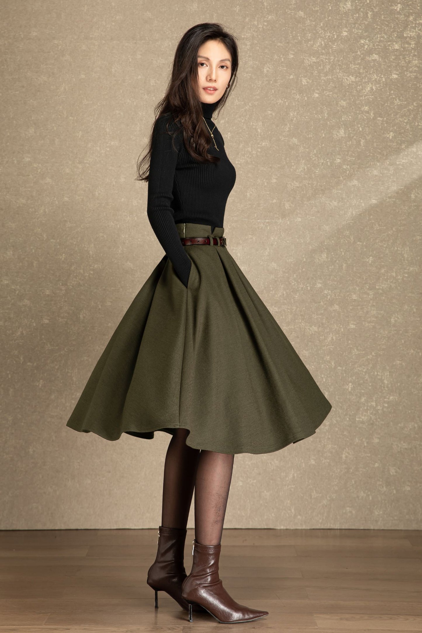 Army green pleating winter wool skirt C4486