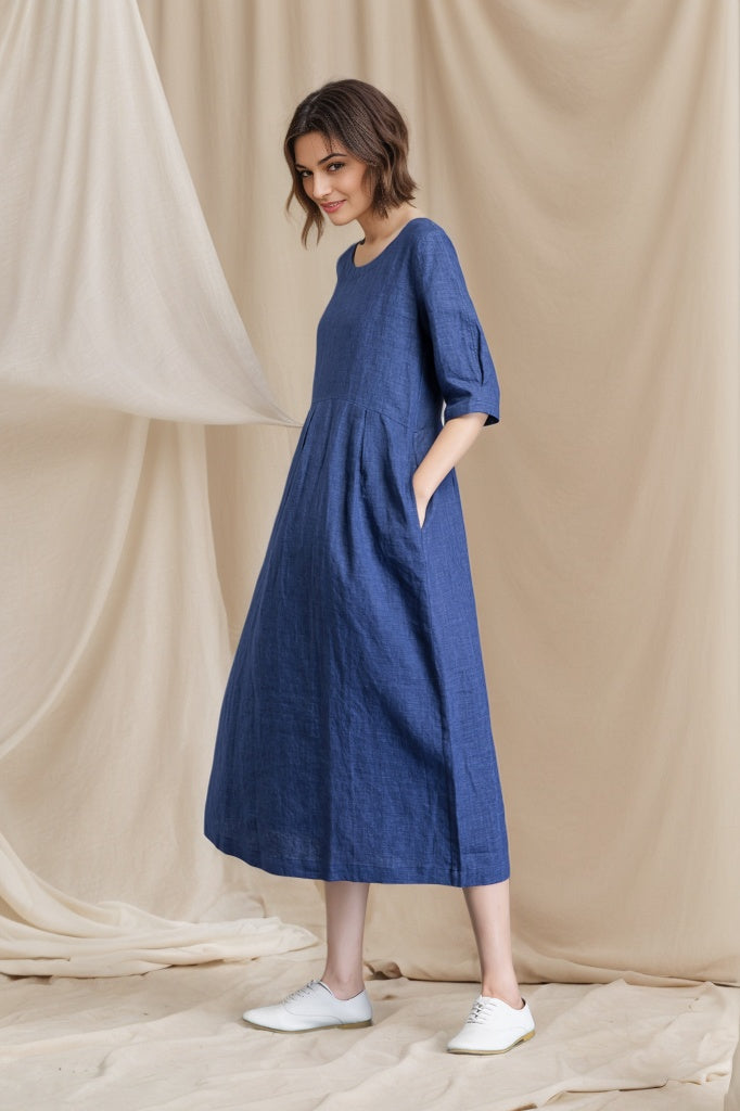 Handmade fashion blue casual linen dress C4801