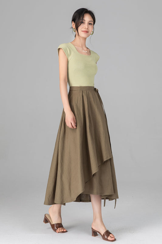 Green Linen Cotton Wrap Midi Skirt: Asymmetrical Flowy Pleated A Line Long Skirt, Ylistyle C5519