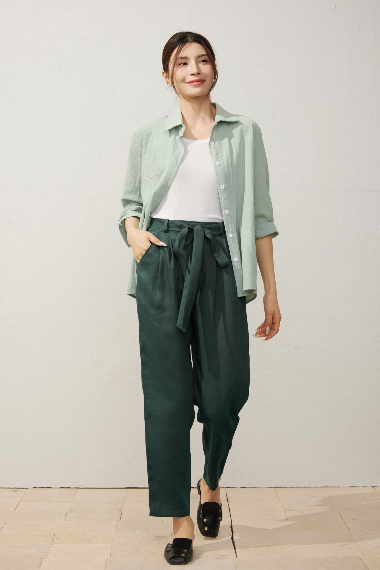 Light Green Linen Shirt - Loose Fit Casual Button-Up c3936
