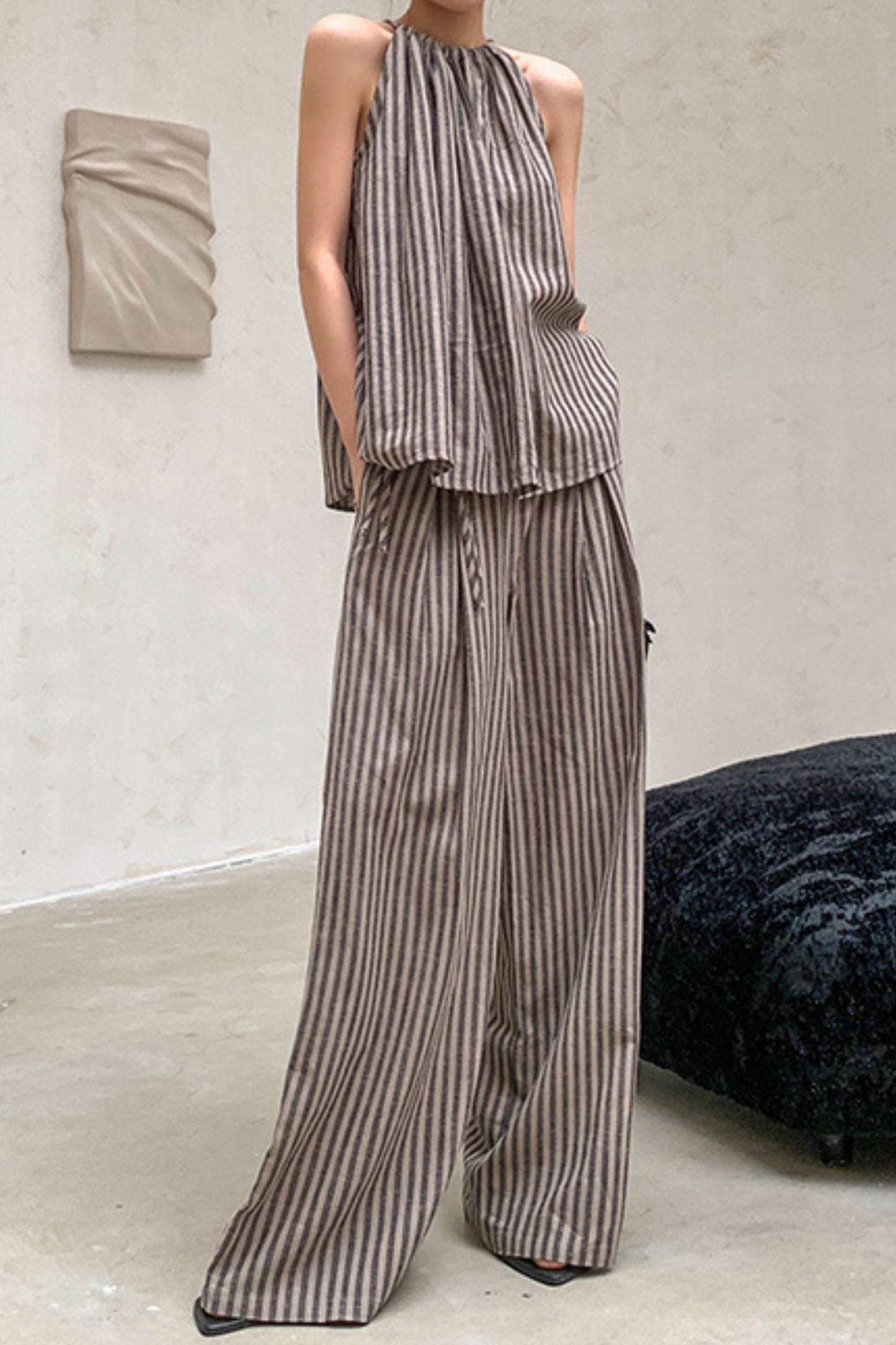 Curry Stripe High Waist Wide Leg Pants L0617