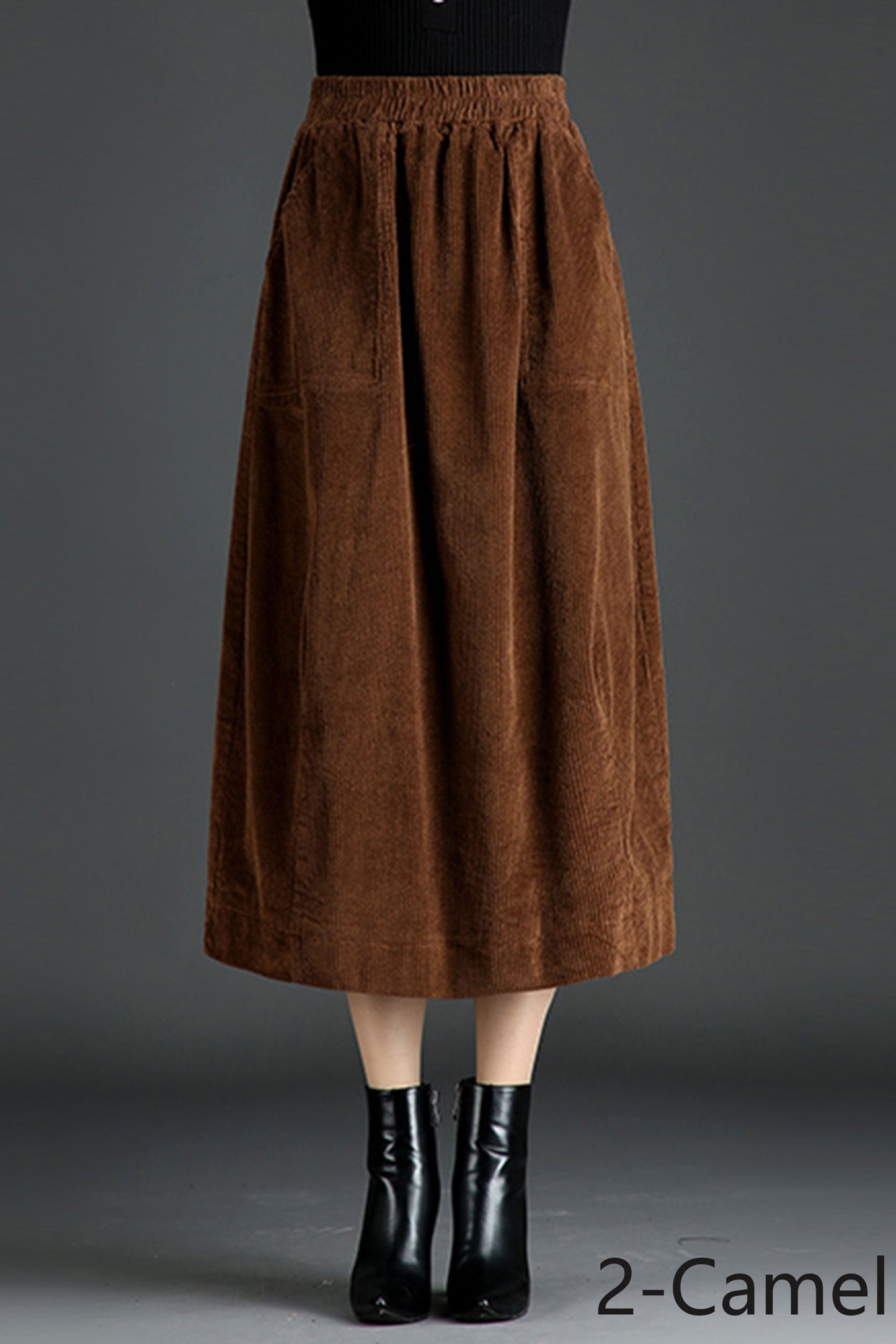 Women's Winter Elastic Waist Midi Corduroy Skirt C250001,Size XL #CK2101557