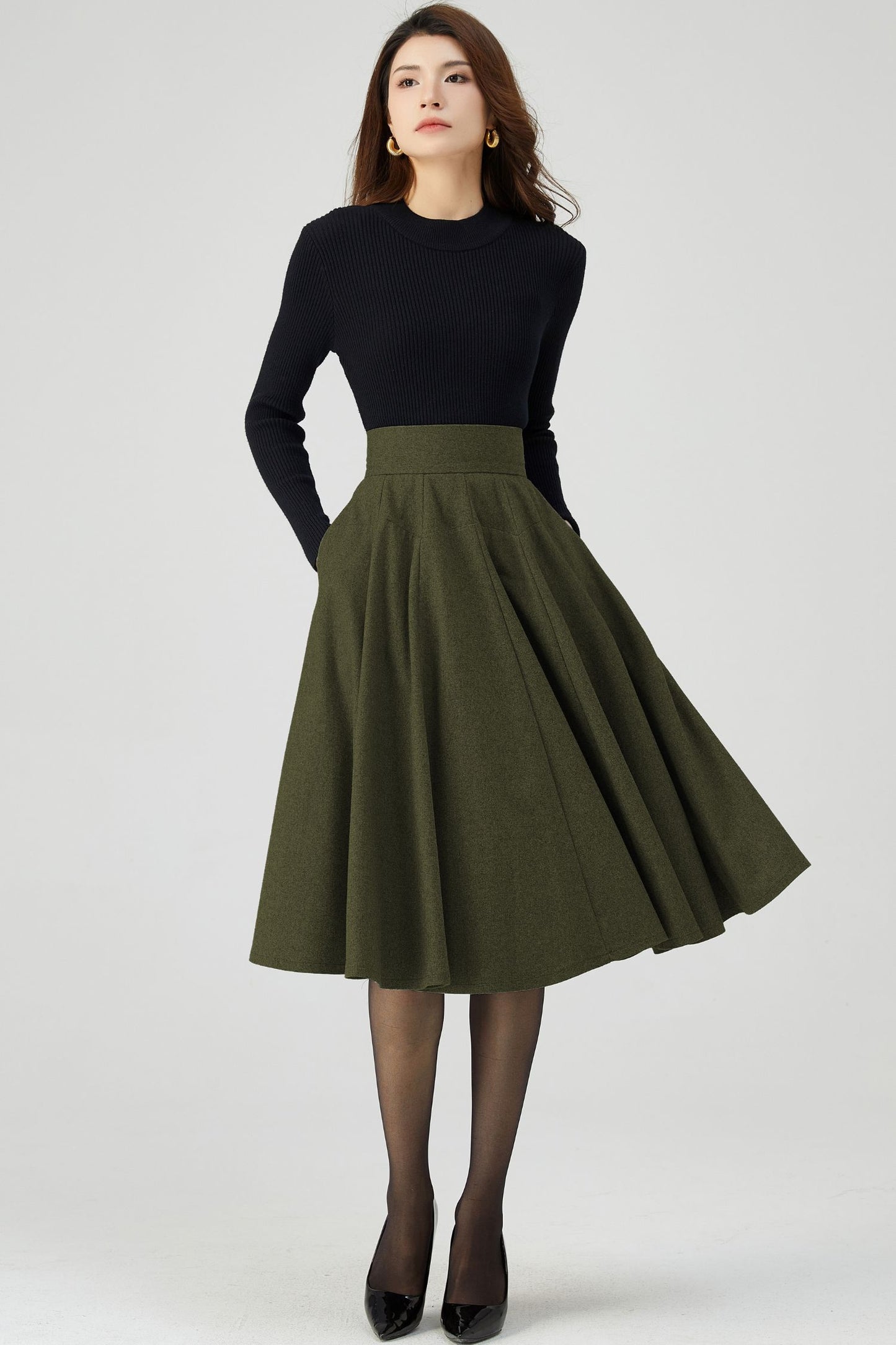 Women Knee Length Army Green Wool Skirt C4526