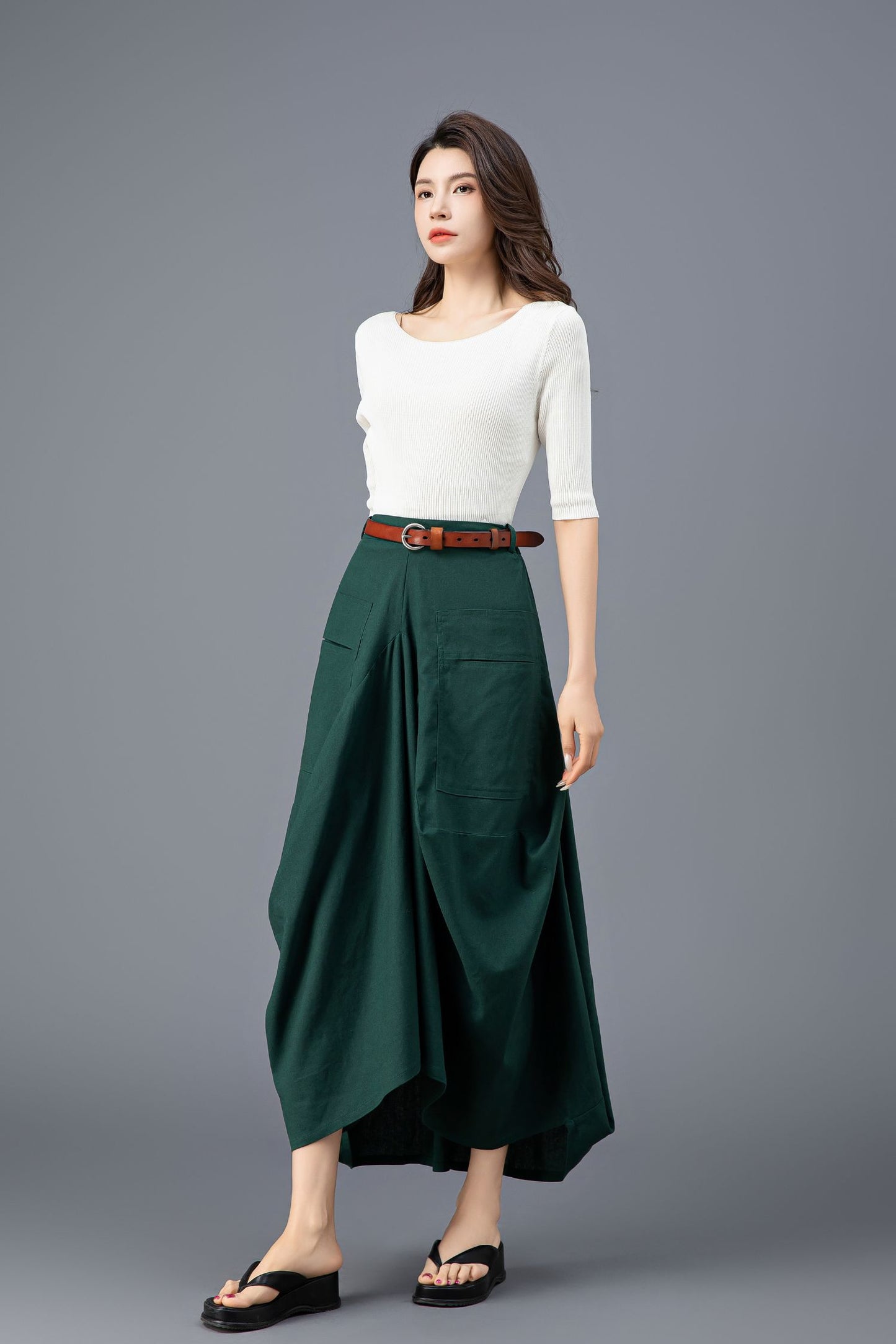 Women's Green Asymmetrical Casual Linen Skirt C3919
