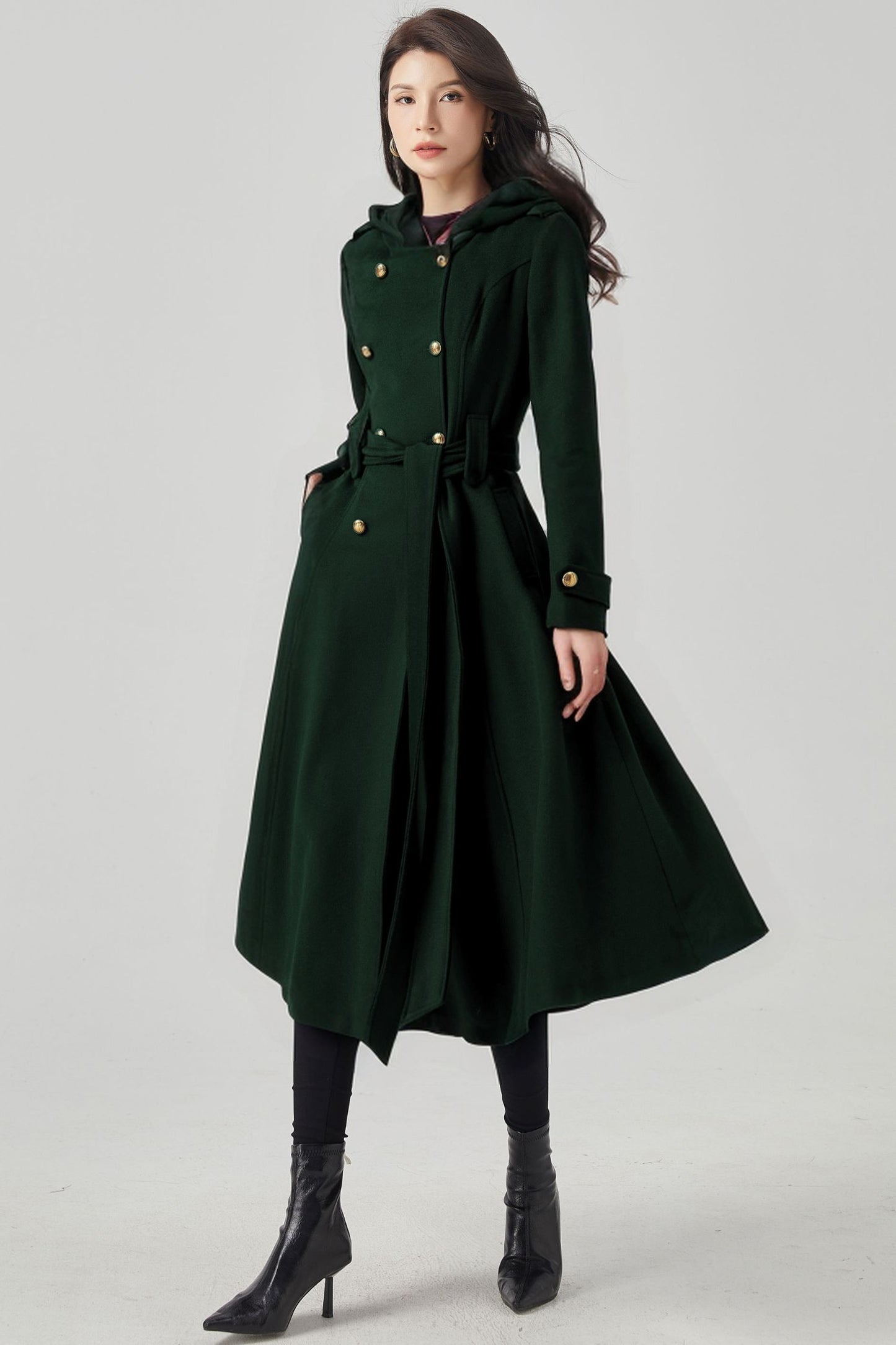Double Breasted Hooded Wool Coat C3569