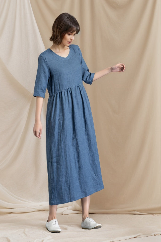 Blue linen dress womens long linen dress with pockets C4800