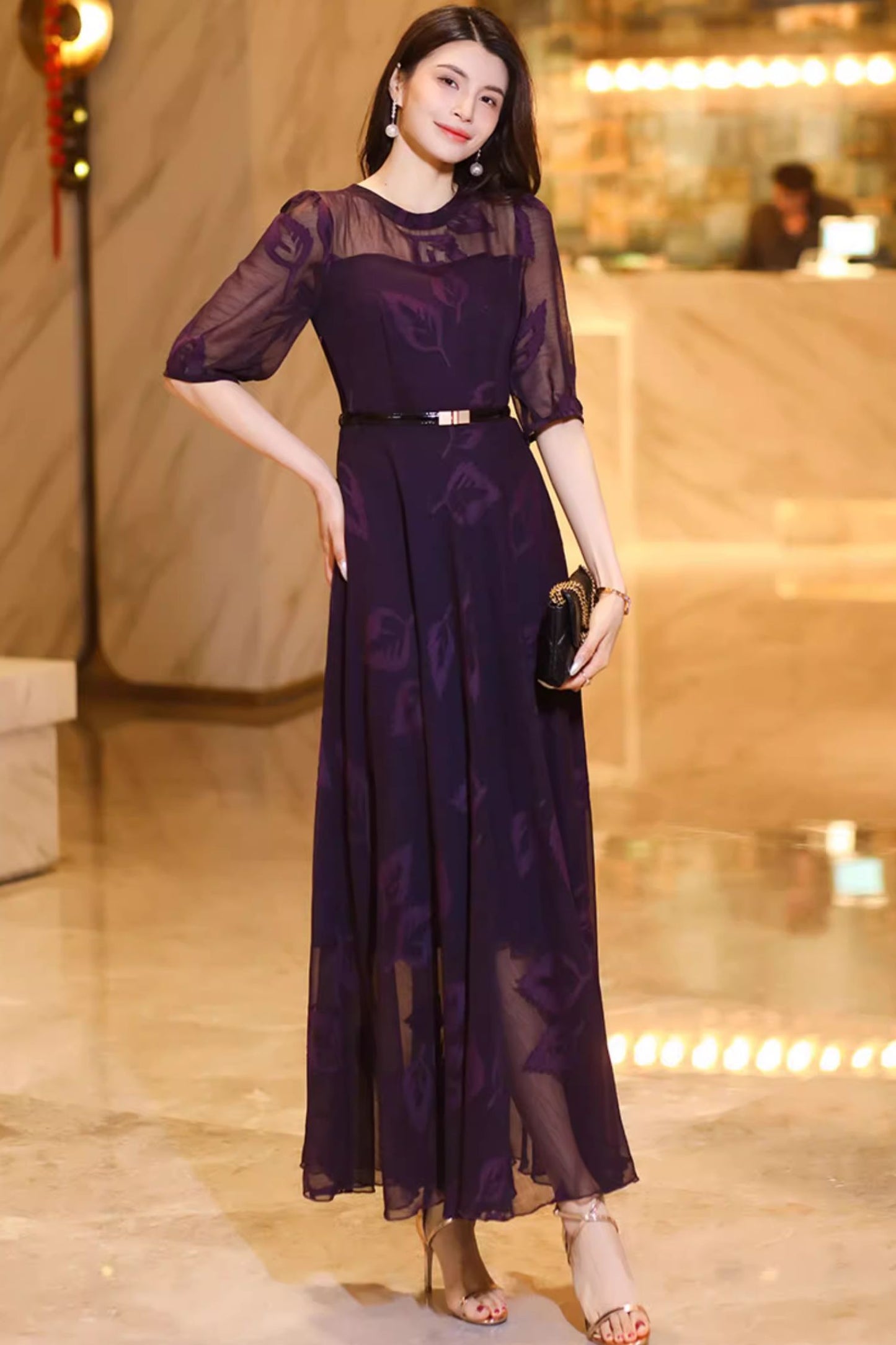 Purple prom long chiffon dress women C4931