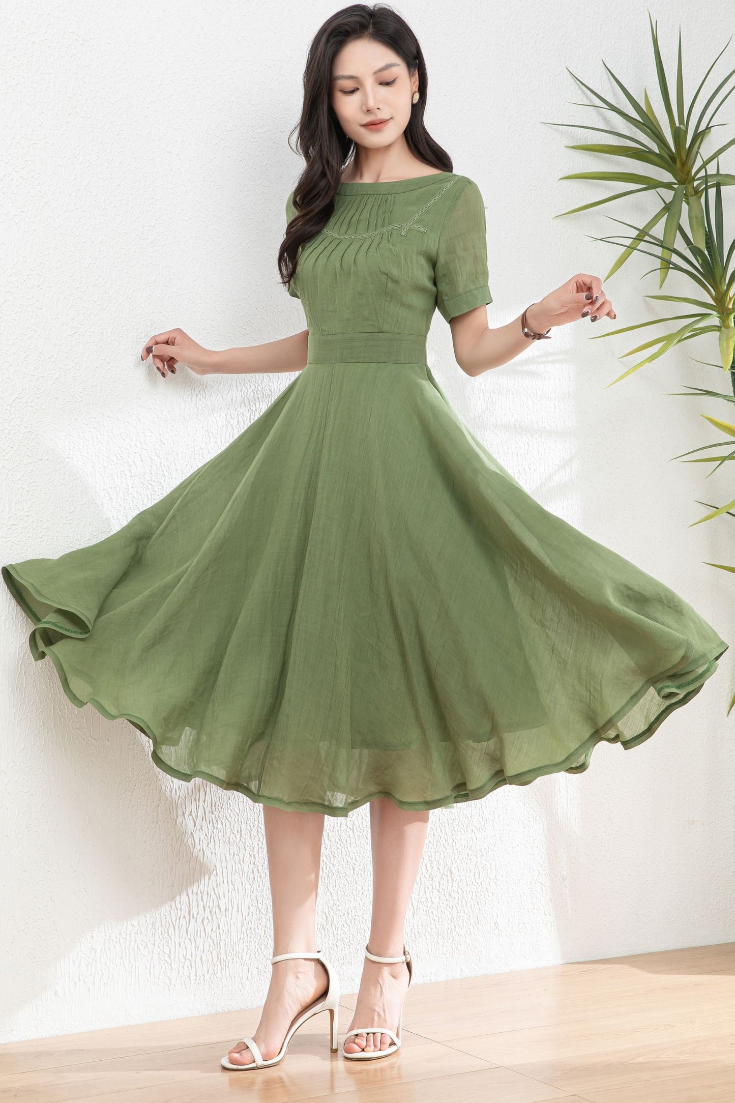 Green Women's swing Linen dress c4982