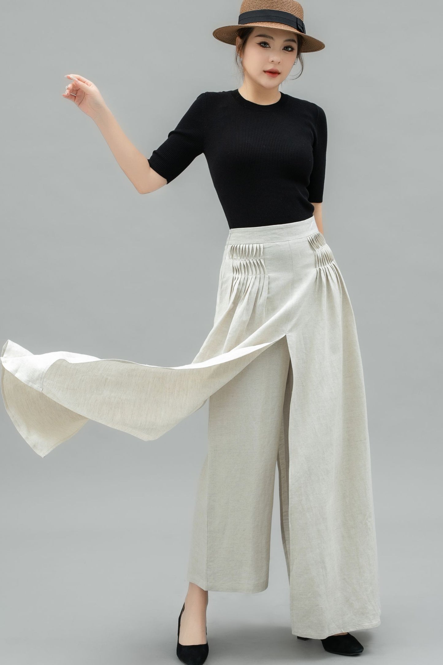 White Wide Leg Linen Palazzo Pant C4743