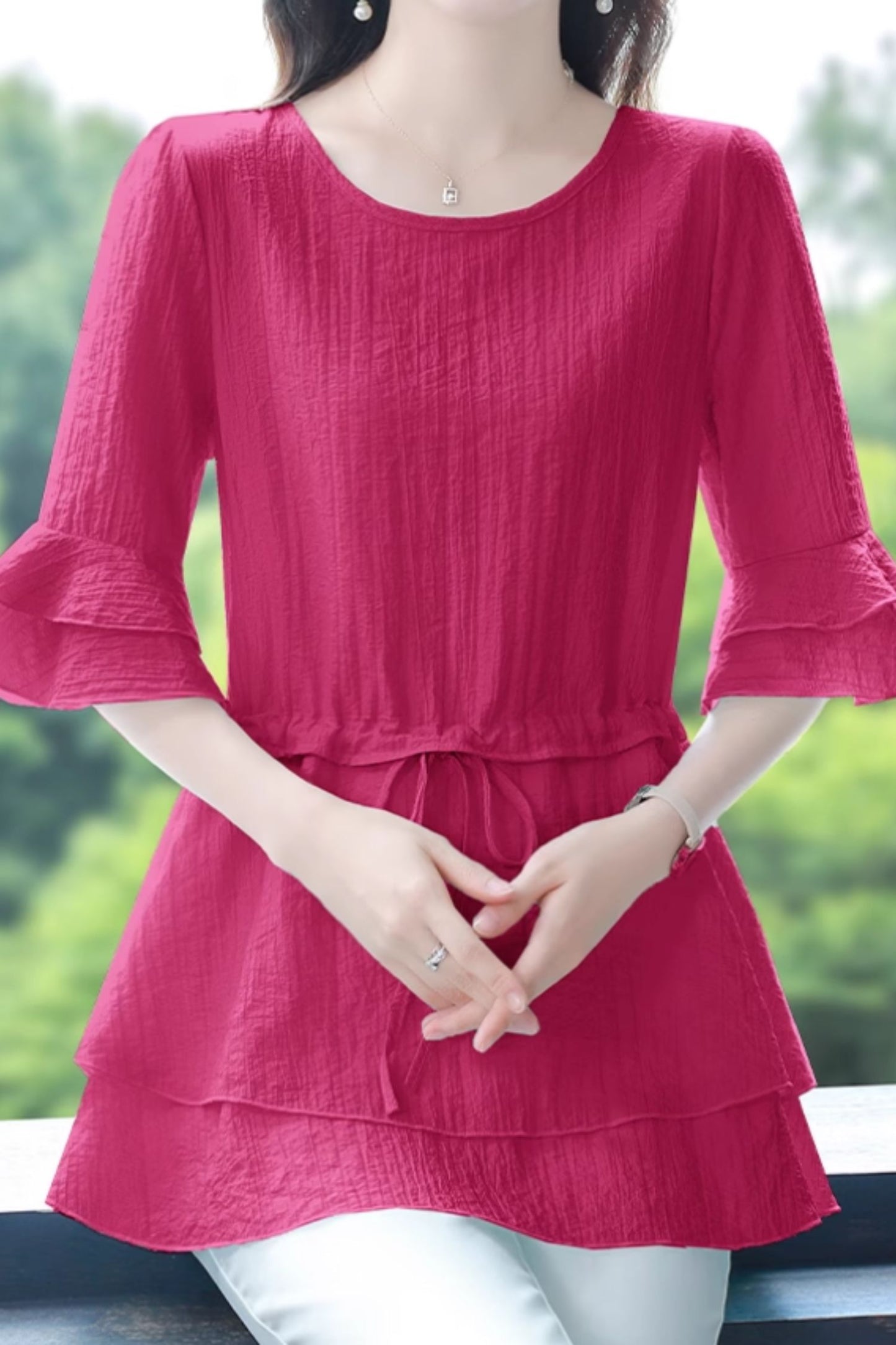 Summer chiffon blouse with drawstring waist C5057