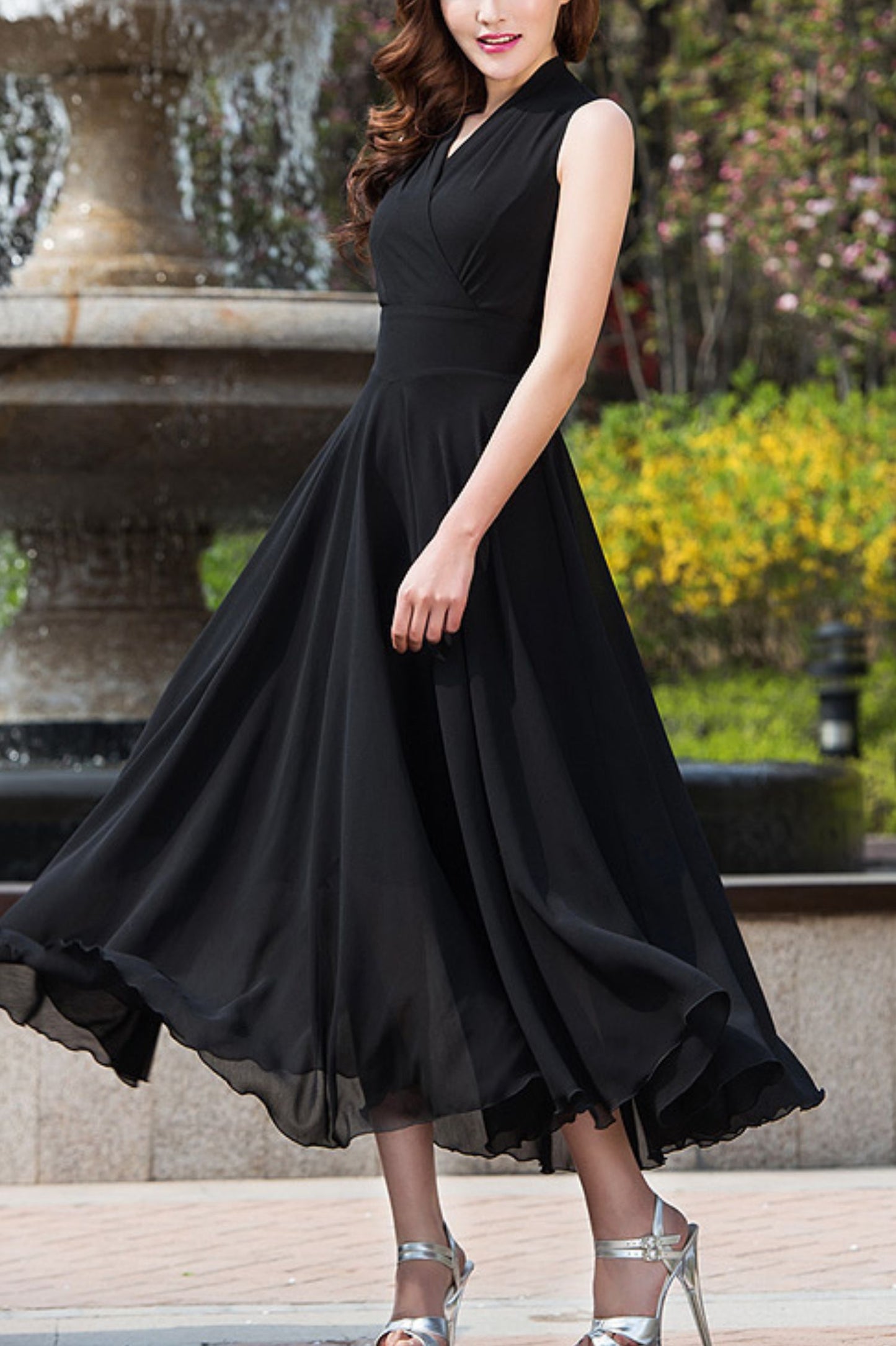 Women's New Chiffon Long V-neck Sleeveless Dress C4095