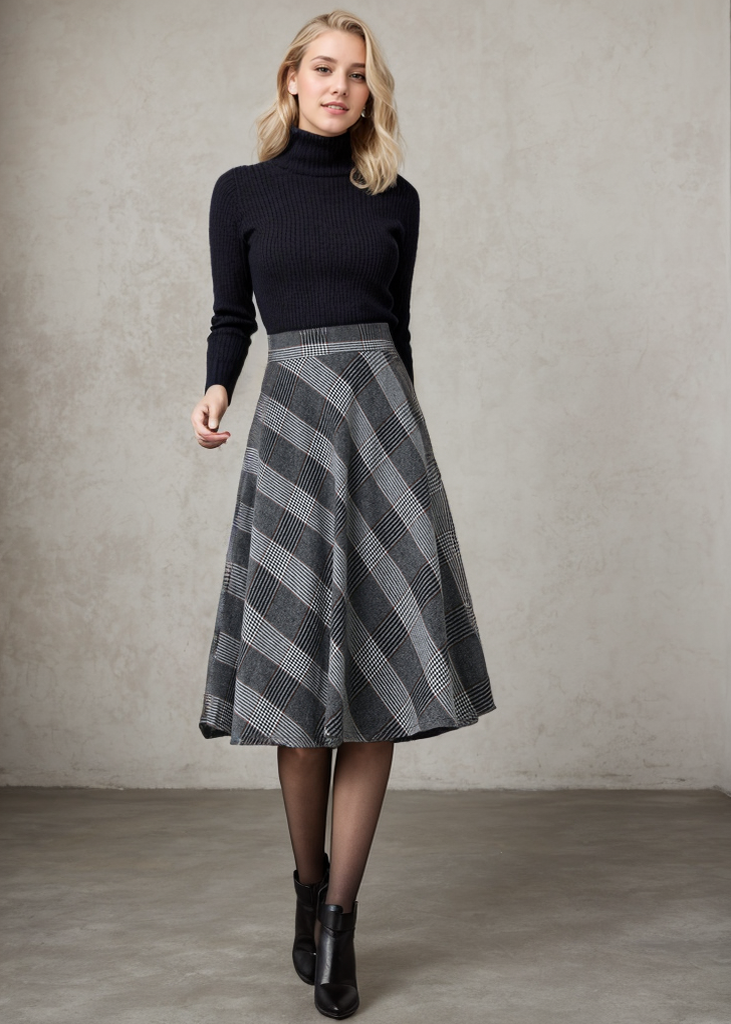 Women A-Line Midi Plaid High Waist Skirt C4354