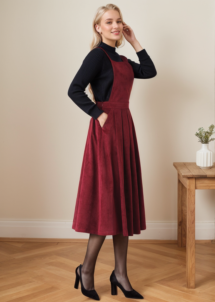 Corduroy Pinafore Midi Pleated Dress C4364