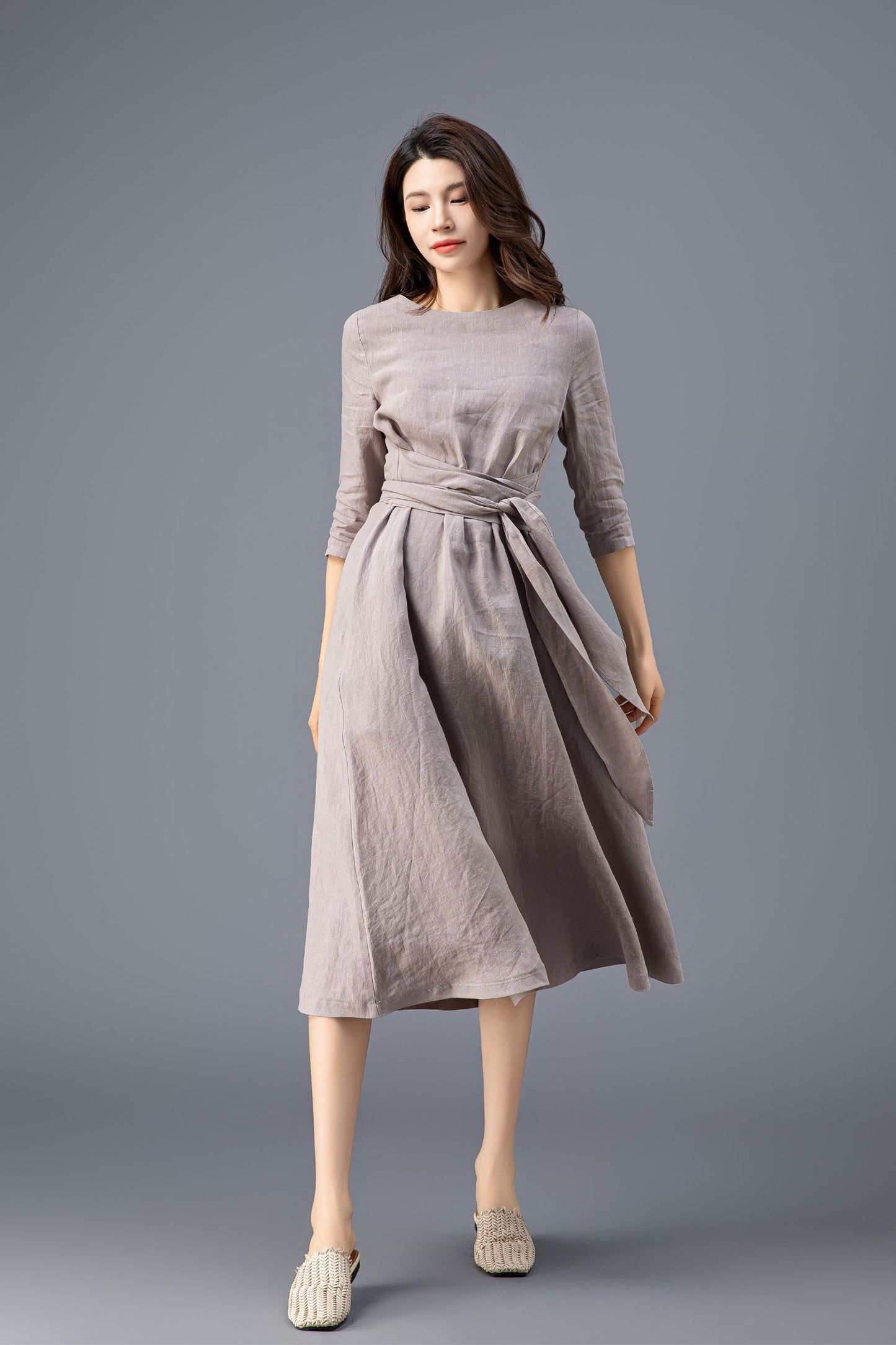 Women's Grey Linen belted Dress C3915
