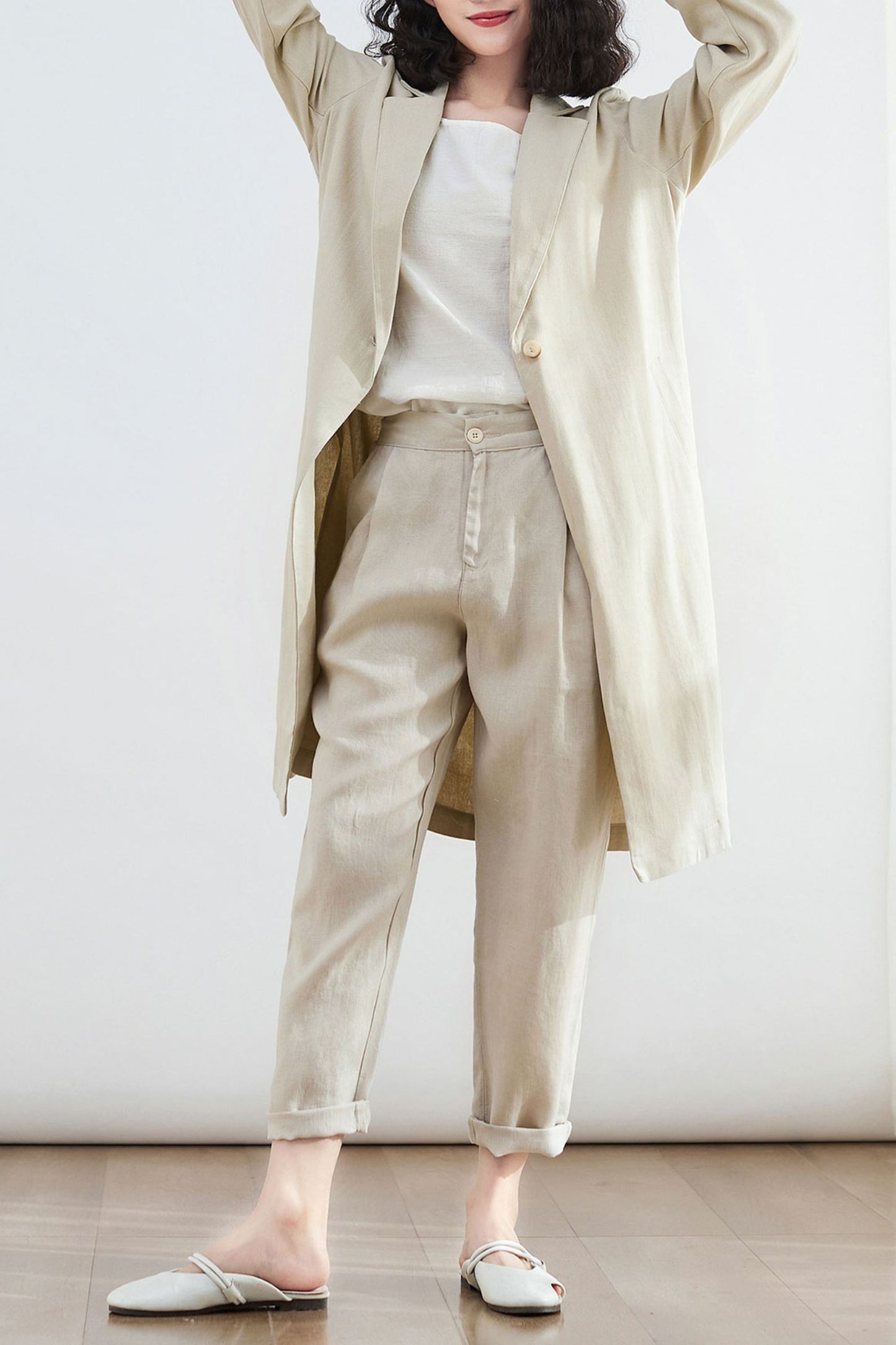 Beige Linen Womens Plus Size Pants with Pockets C2873