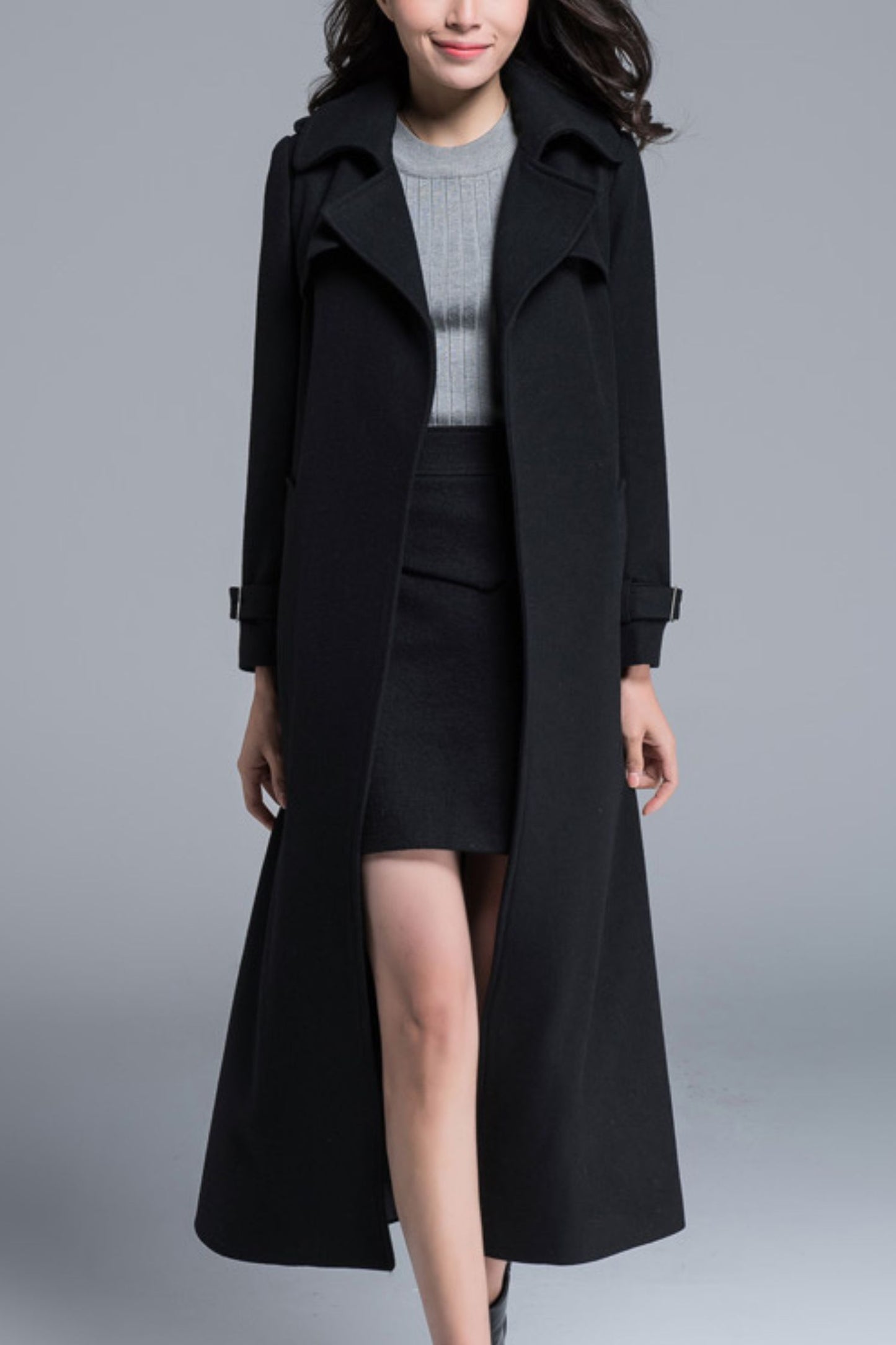 women autumn and winter waist tie long coat C4165