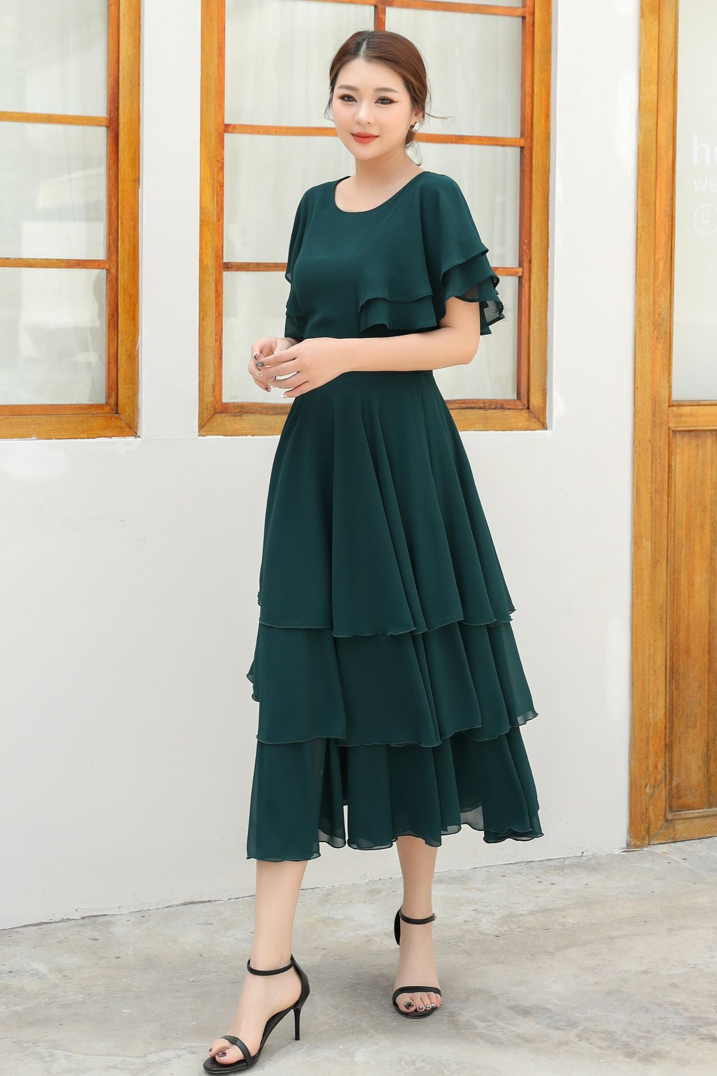 Green ruffle chiffon dress women C4832